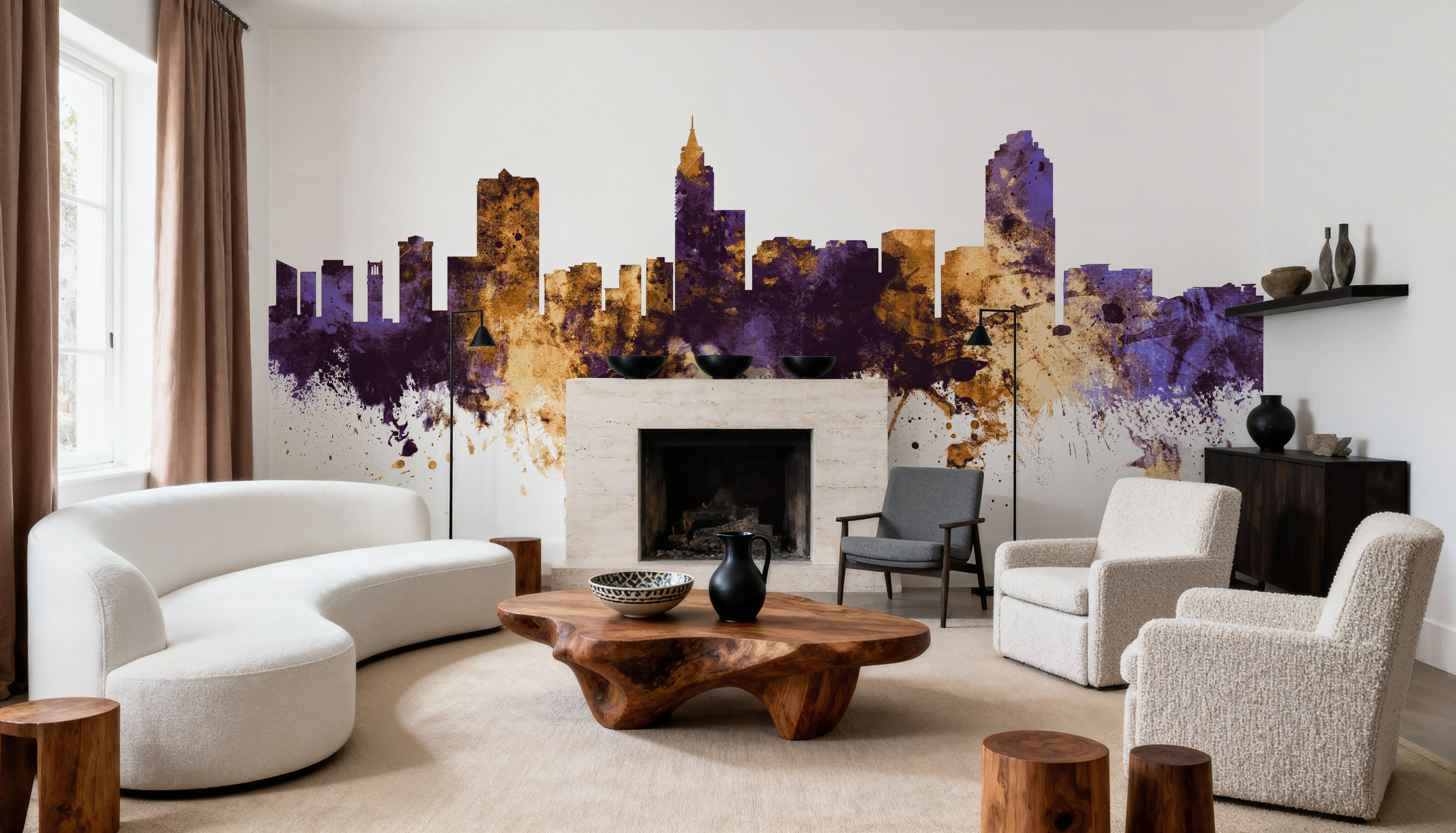 Wall Mural - Raleigh North Carolina Skyline Purple & Gold - Abstract mural wallpaper - Purple - Bedroom - Wallism UK