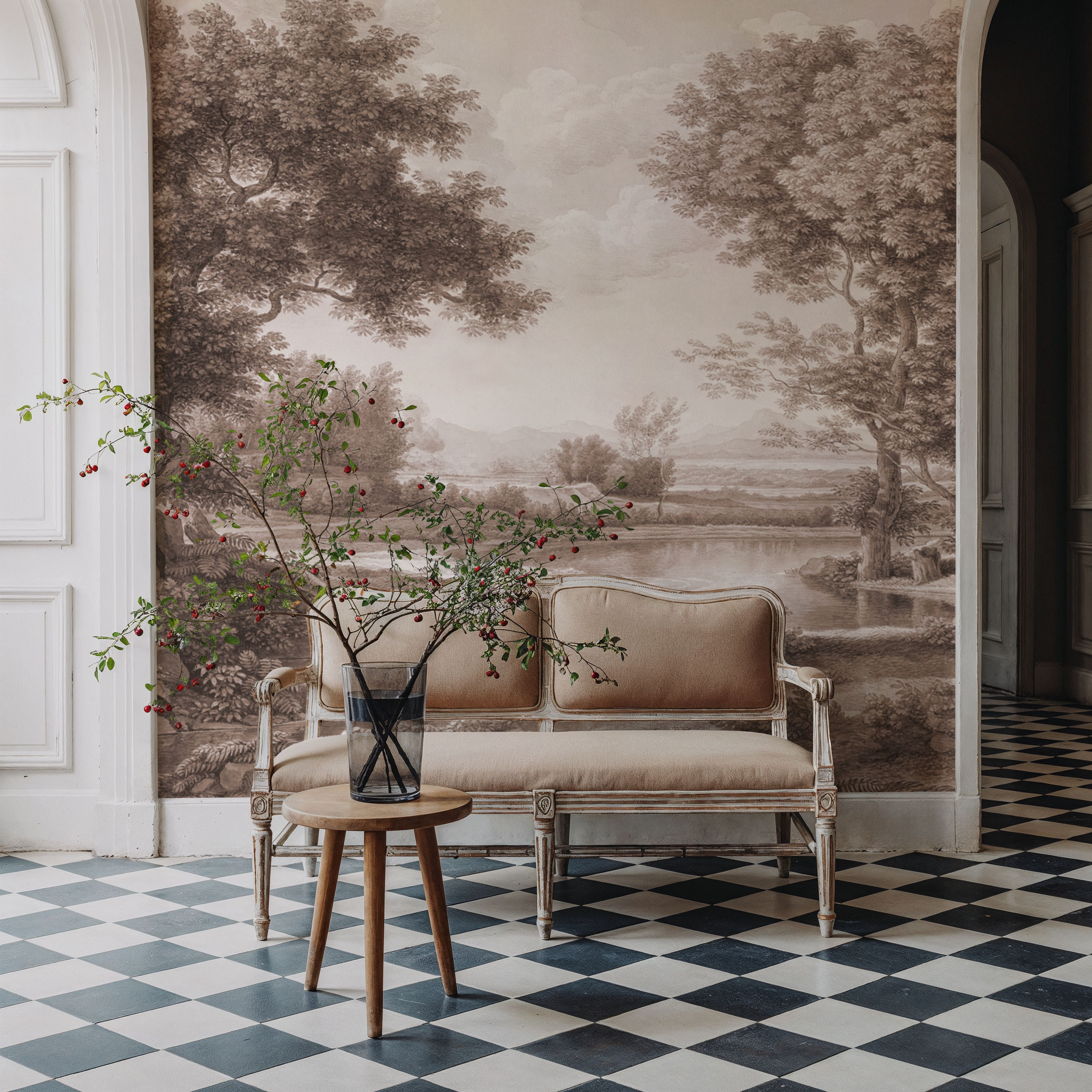 Riverbank Oak Landscape, Sepia, Wallpaper