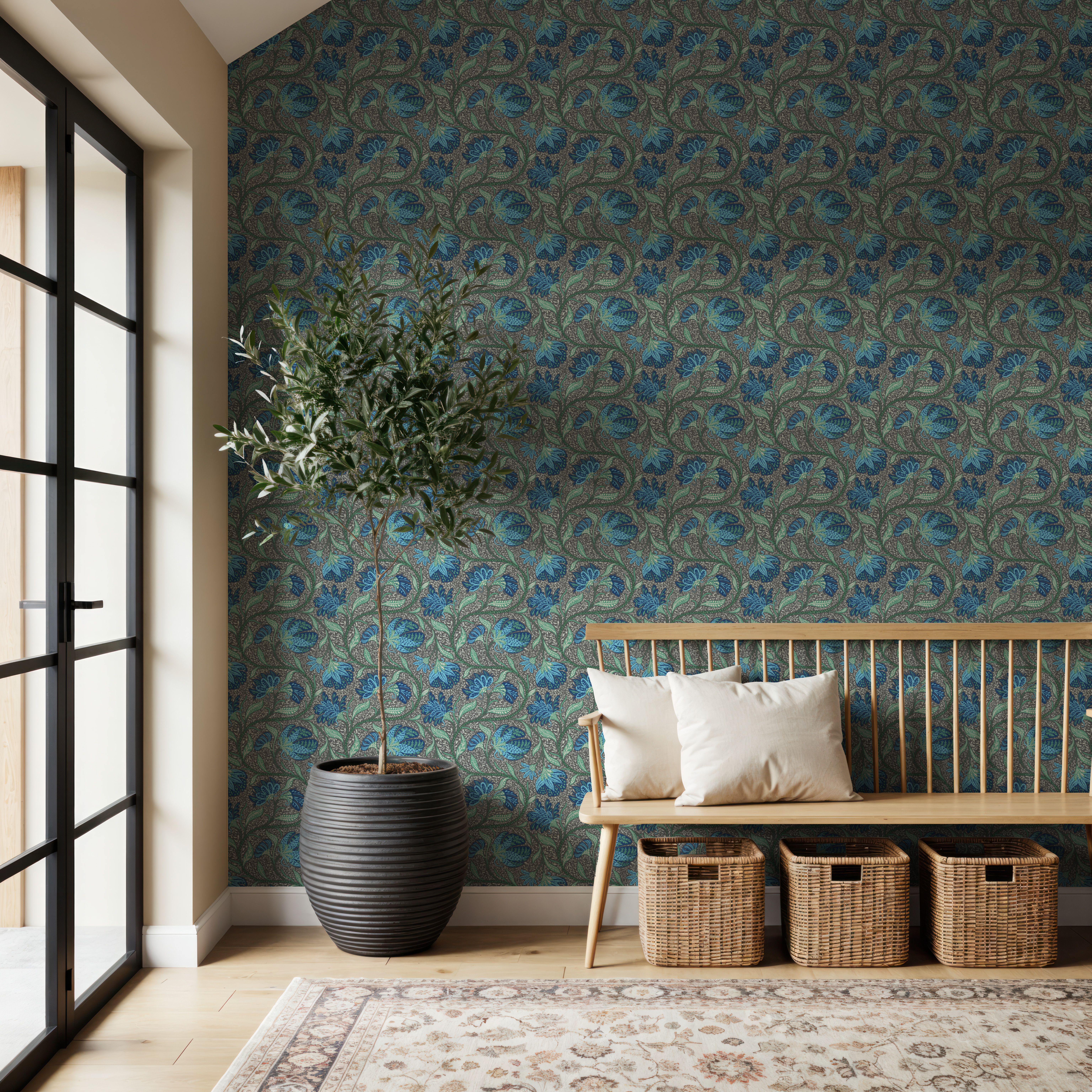 Indial Floral, Teal on Slate, Papel de parede