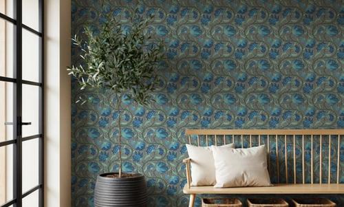 Indial Floral, Teal on Slate