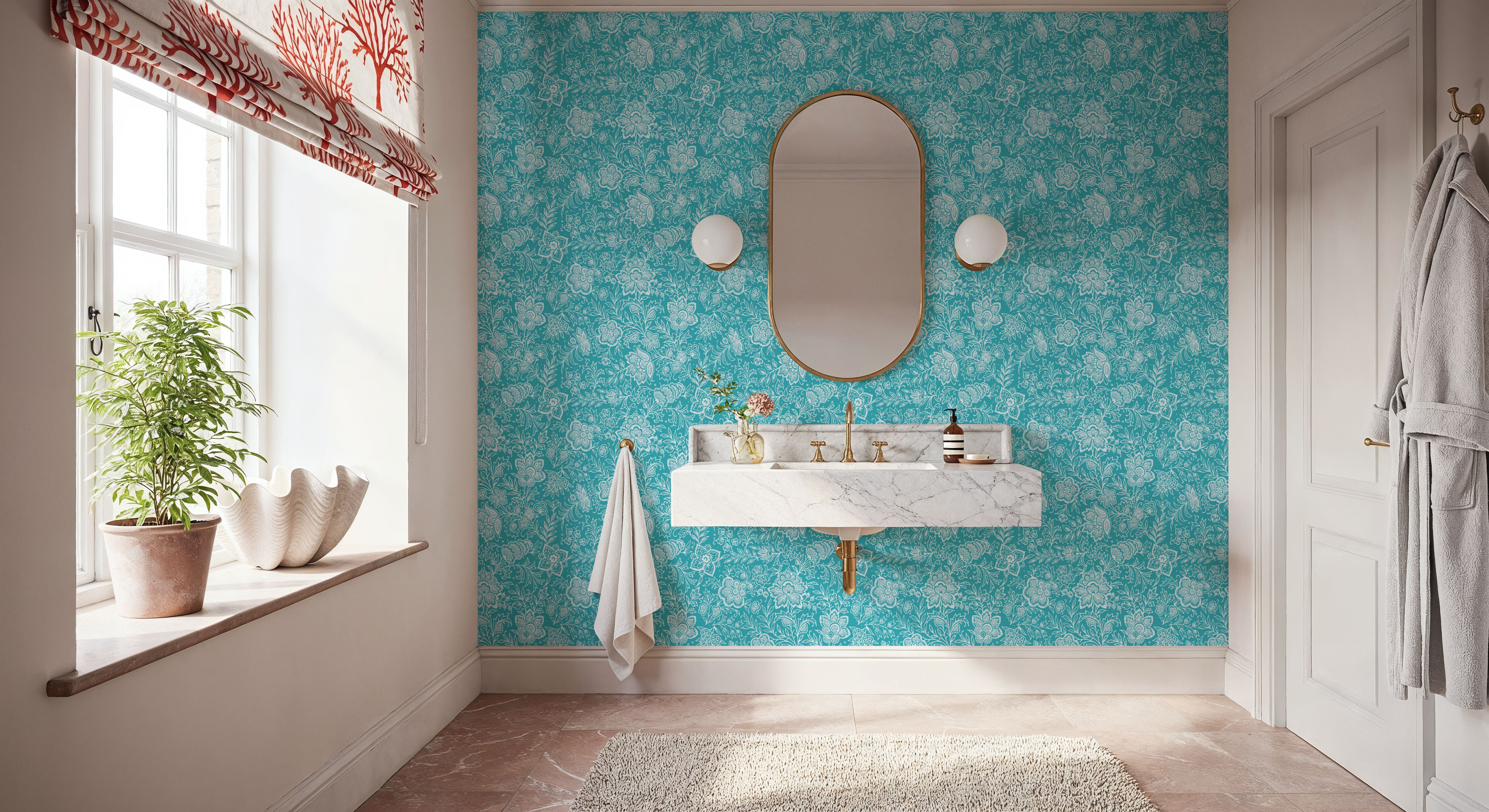 Kala Flowers White on Turqouise