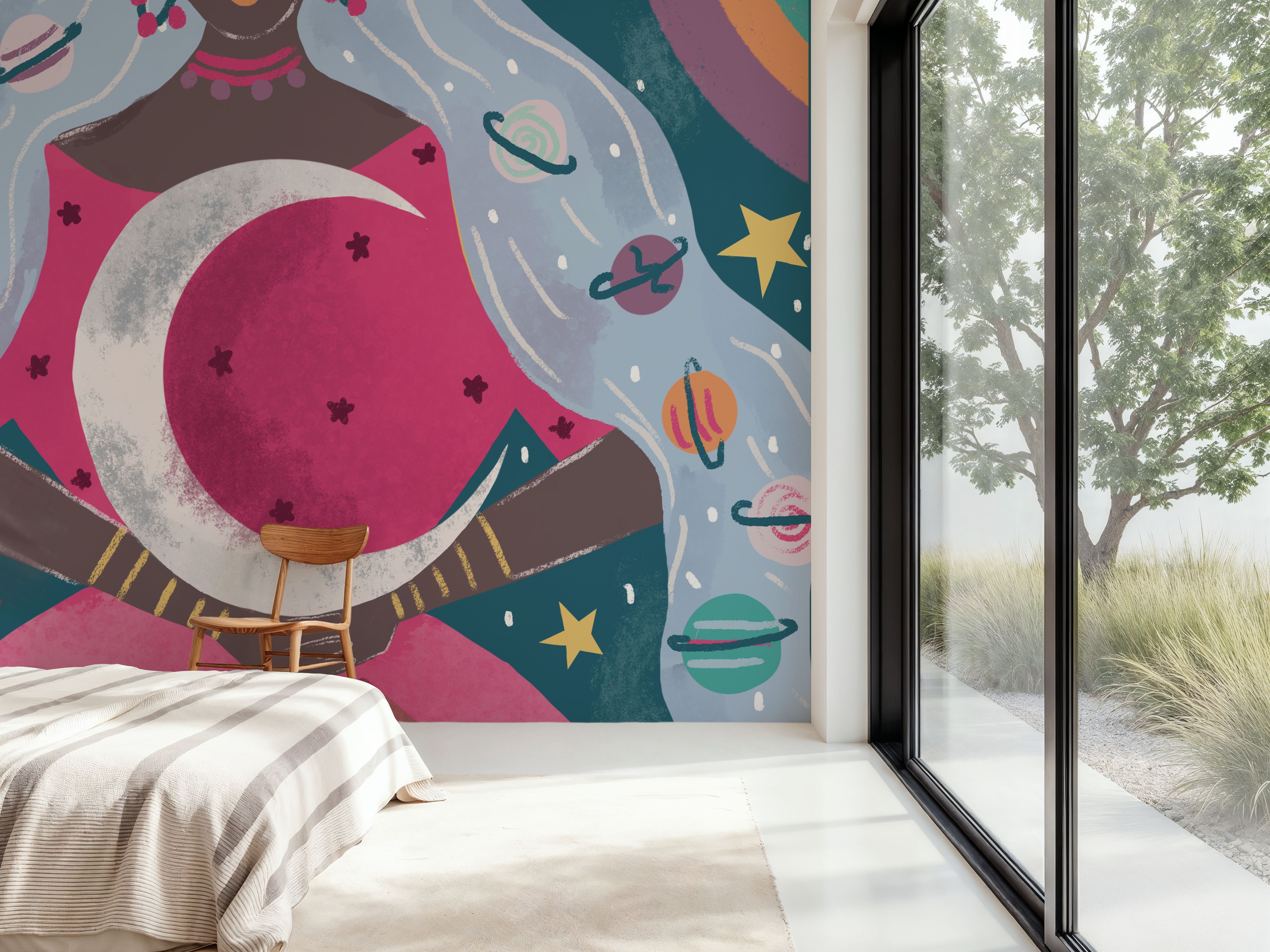 Wall Mural - Mystical Woman II - Astronomy Graphics mural wallpaper - Pink - Bedroom - Wallism US - Premium, Textured or Peel & Stick