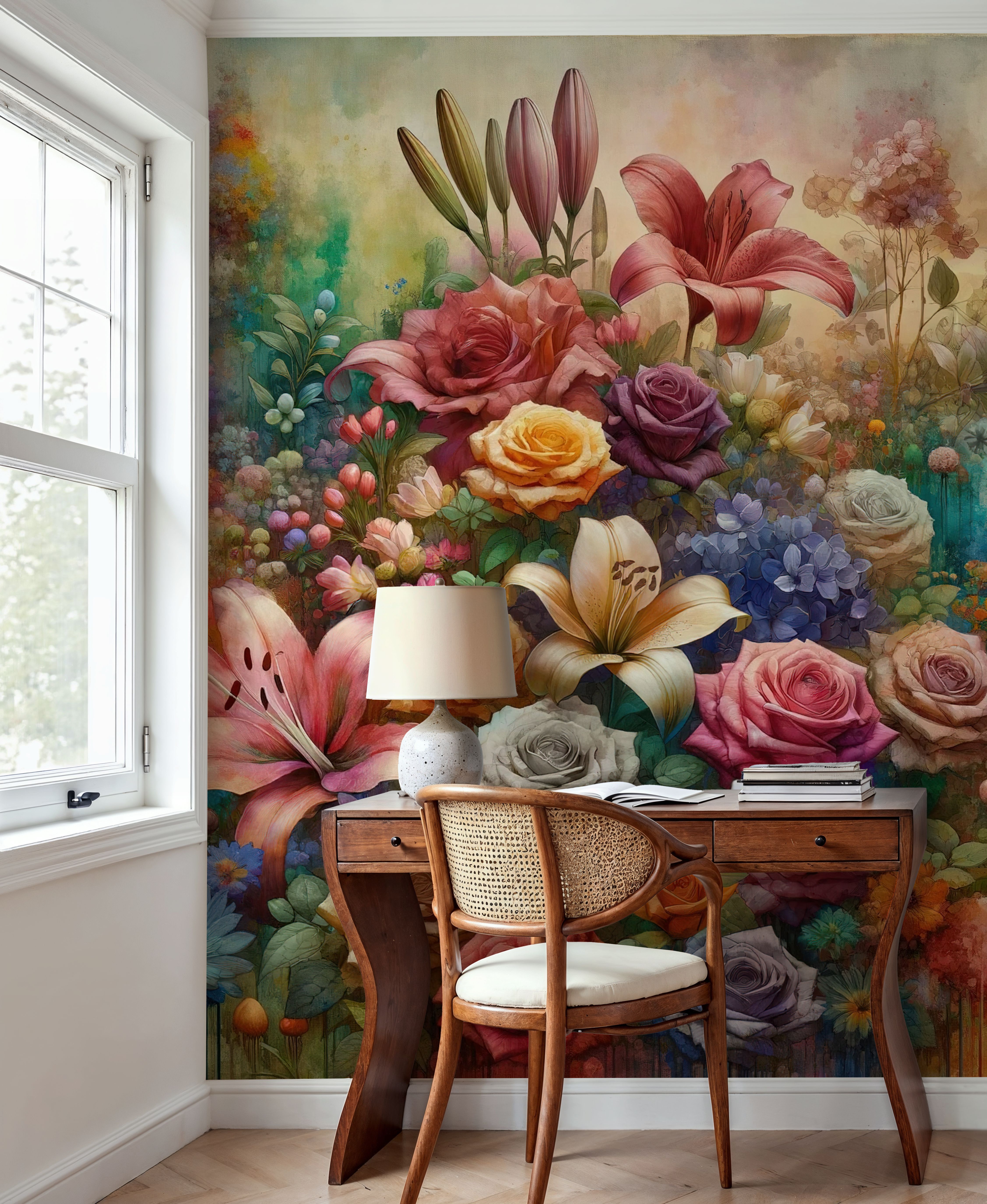 Watercolor Exuberant Garden At Sunse