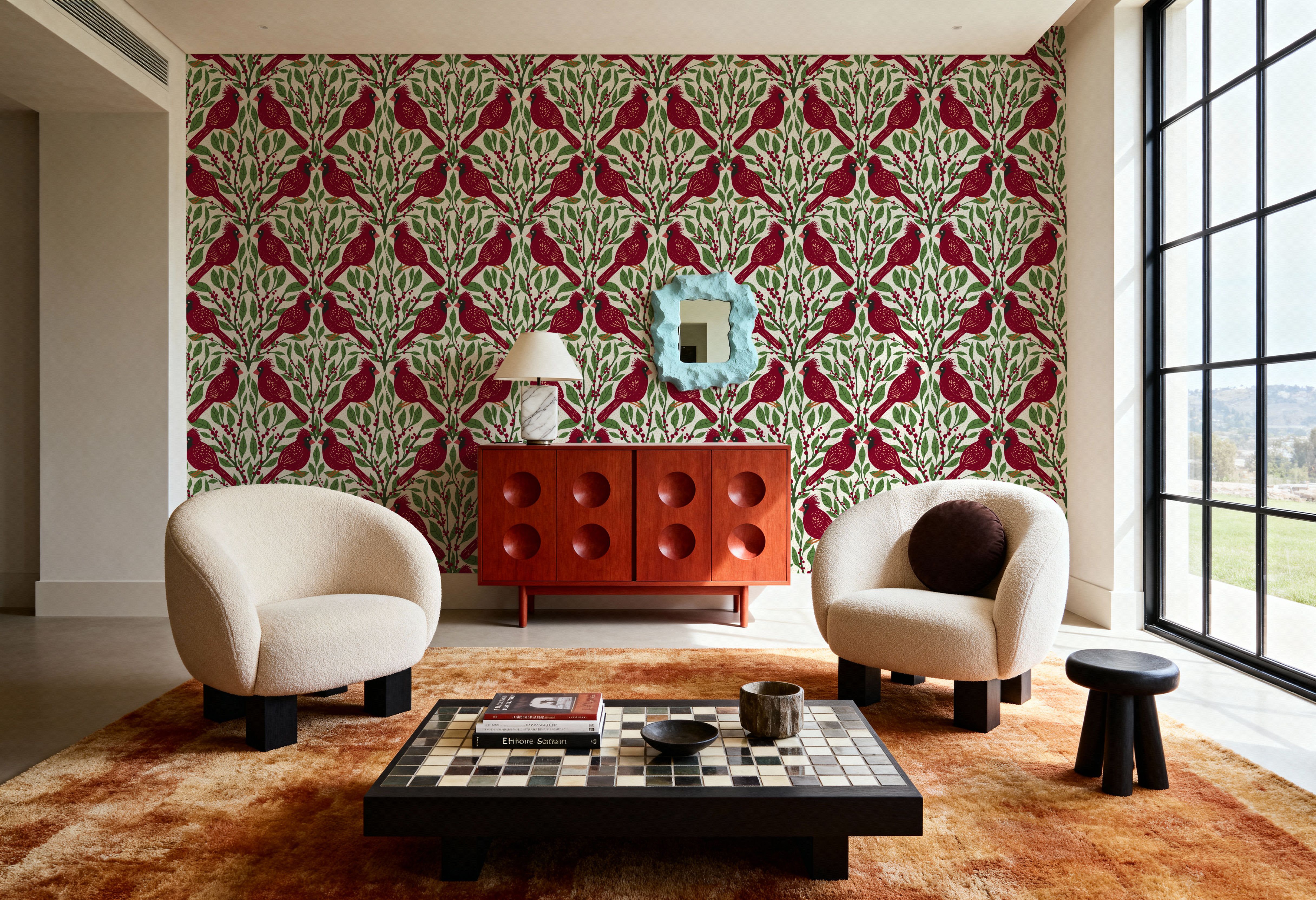 Cardinals & Winterberries, Green, Wallpaper