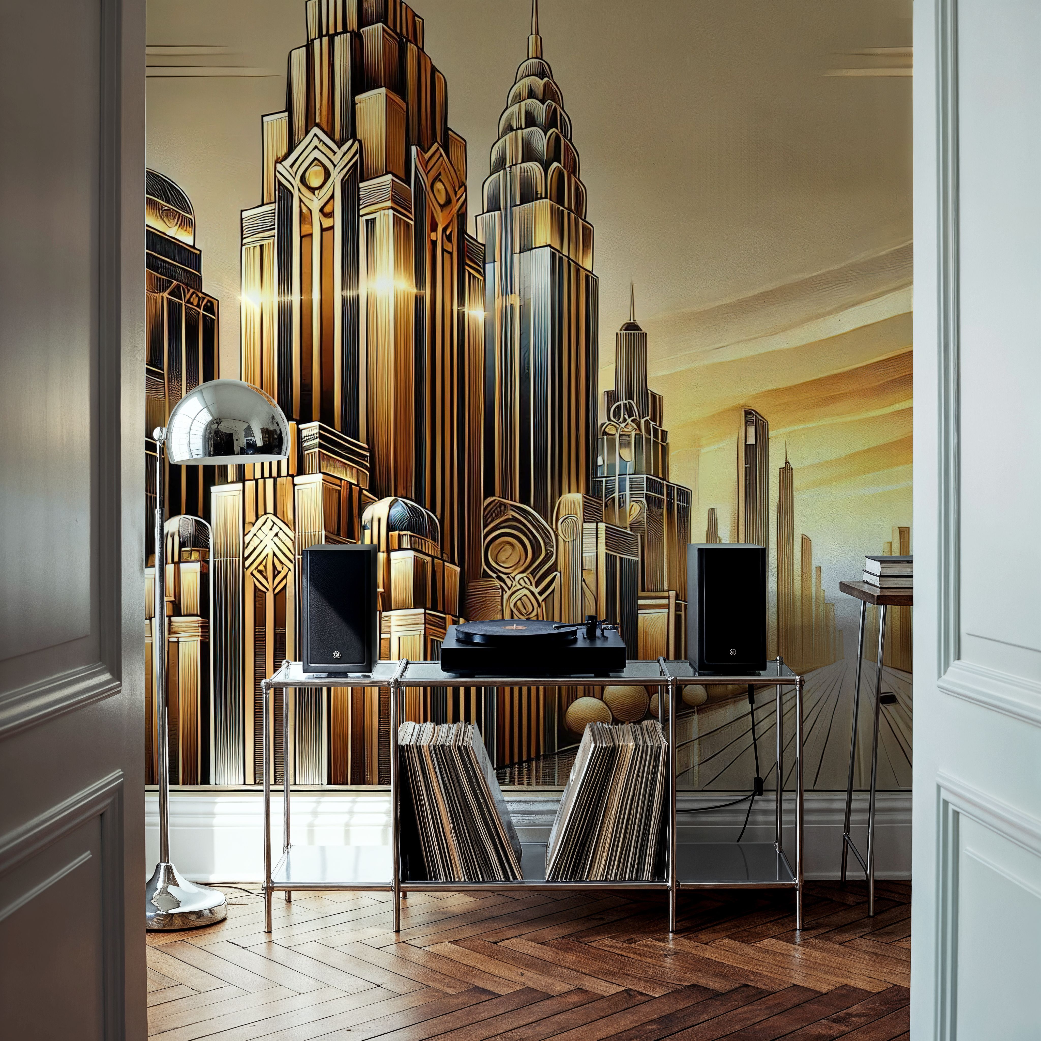 Golden City Skyline at Sunset in Art Deco