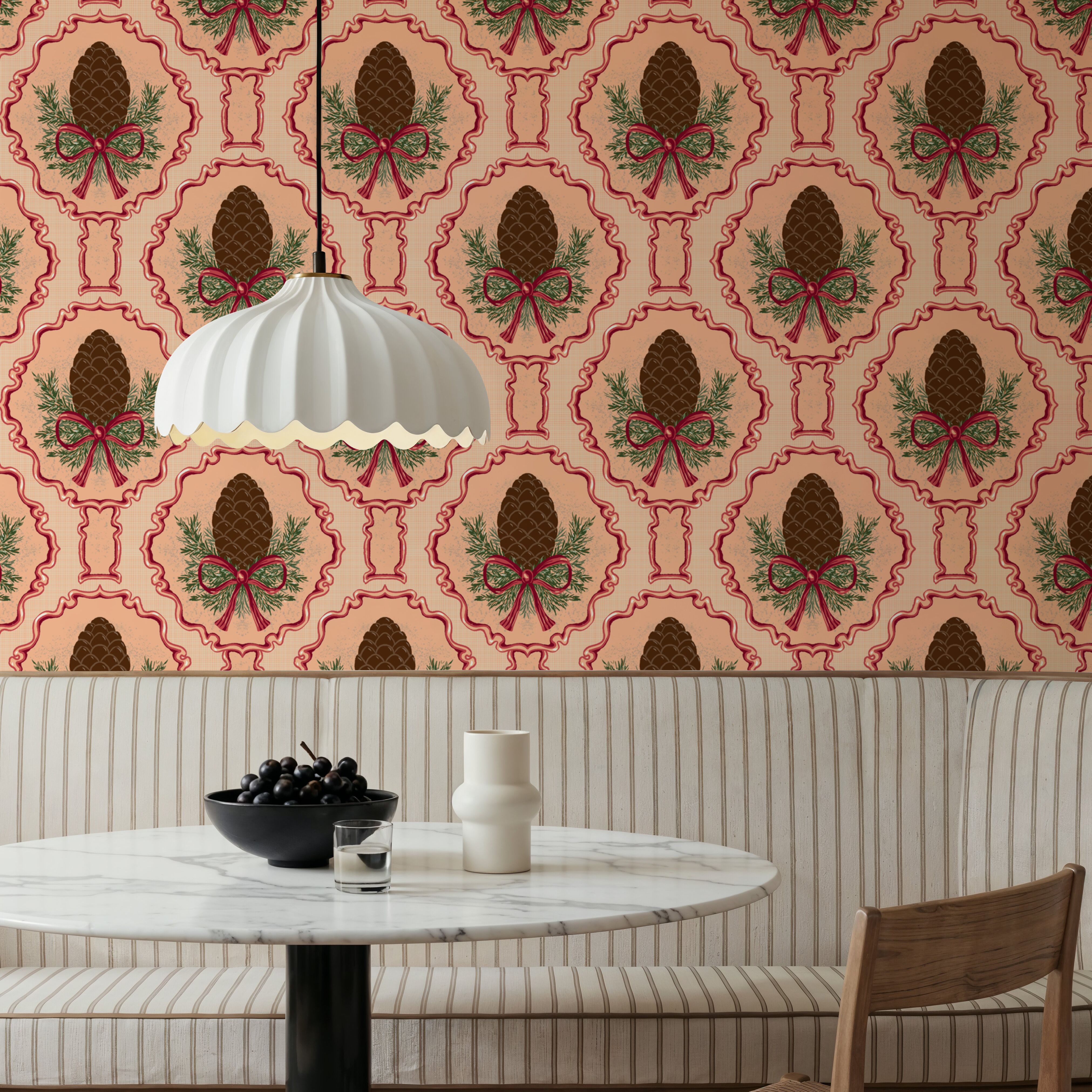 Pine Cone & Ornate Rackets, Peach, Wallpaper