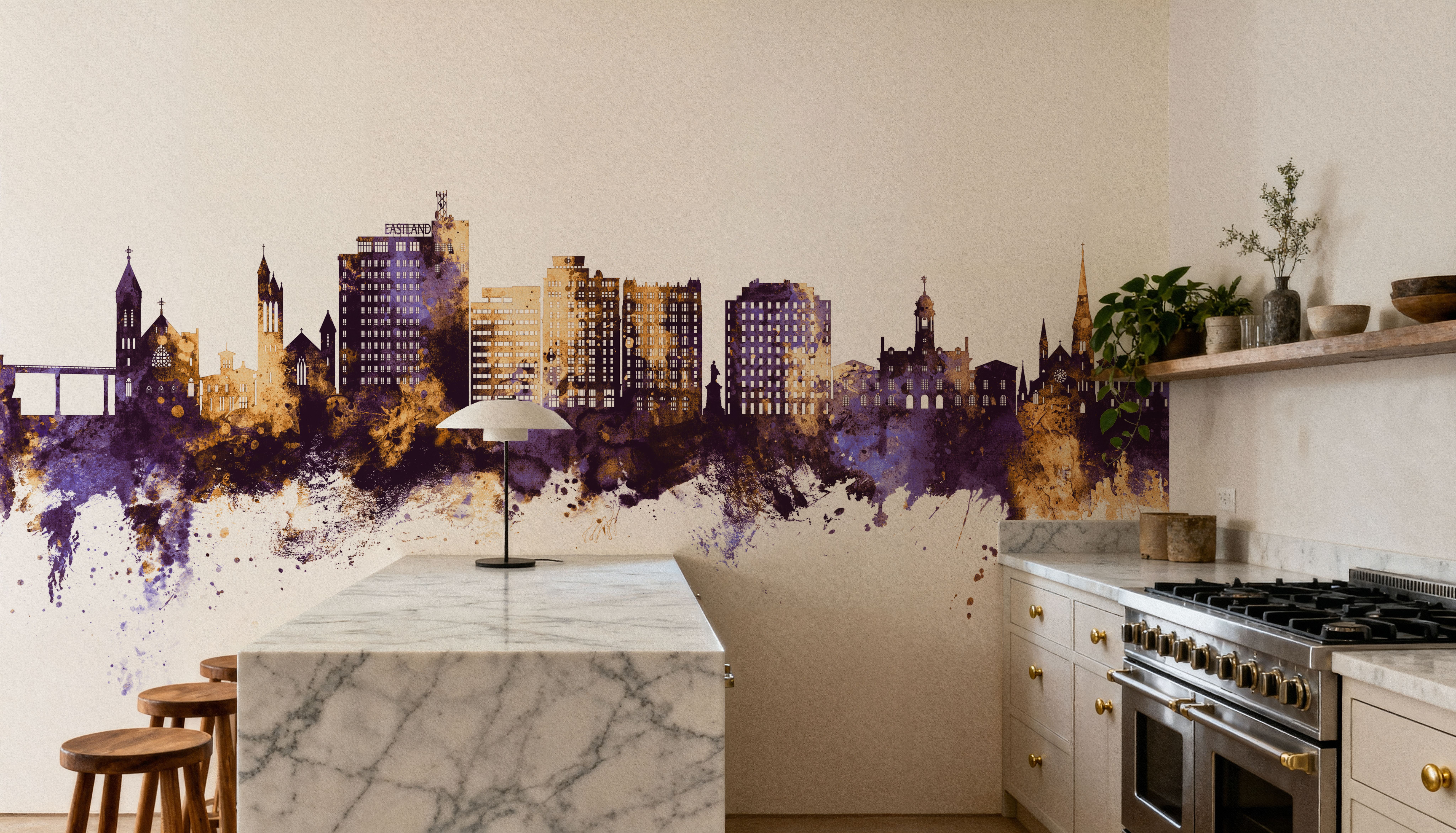 Portland Maine Skyline Purple & Gold, Wallpaper