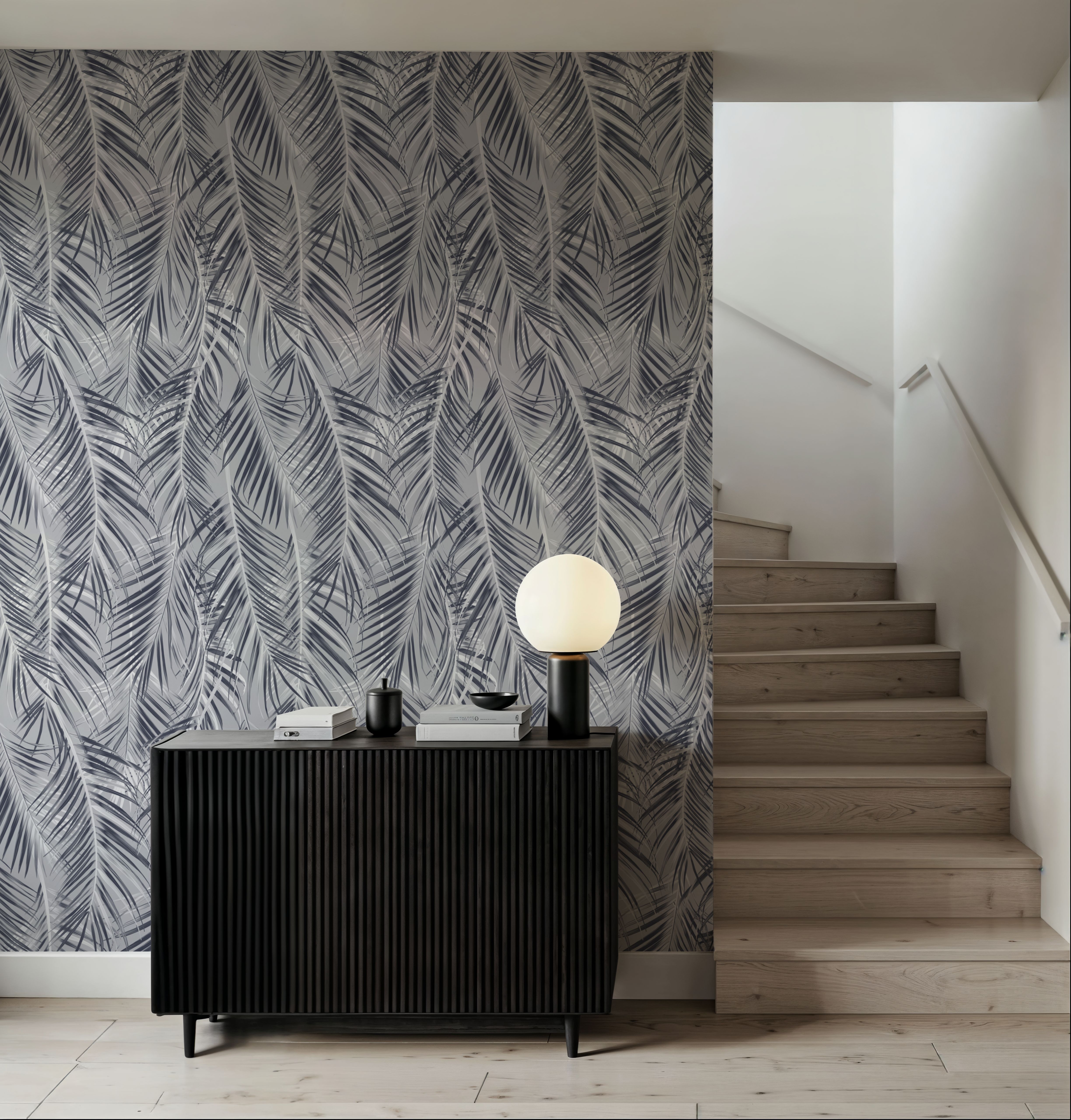 Swaying Palm Leaves, Grey, Wallpaper