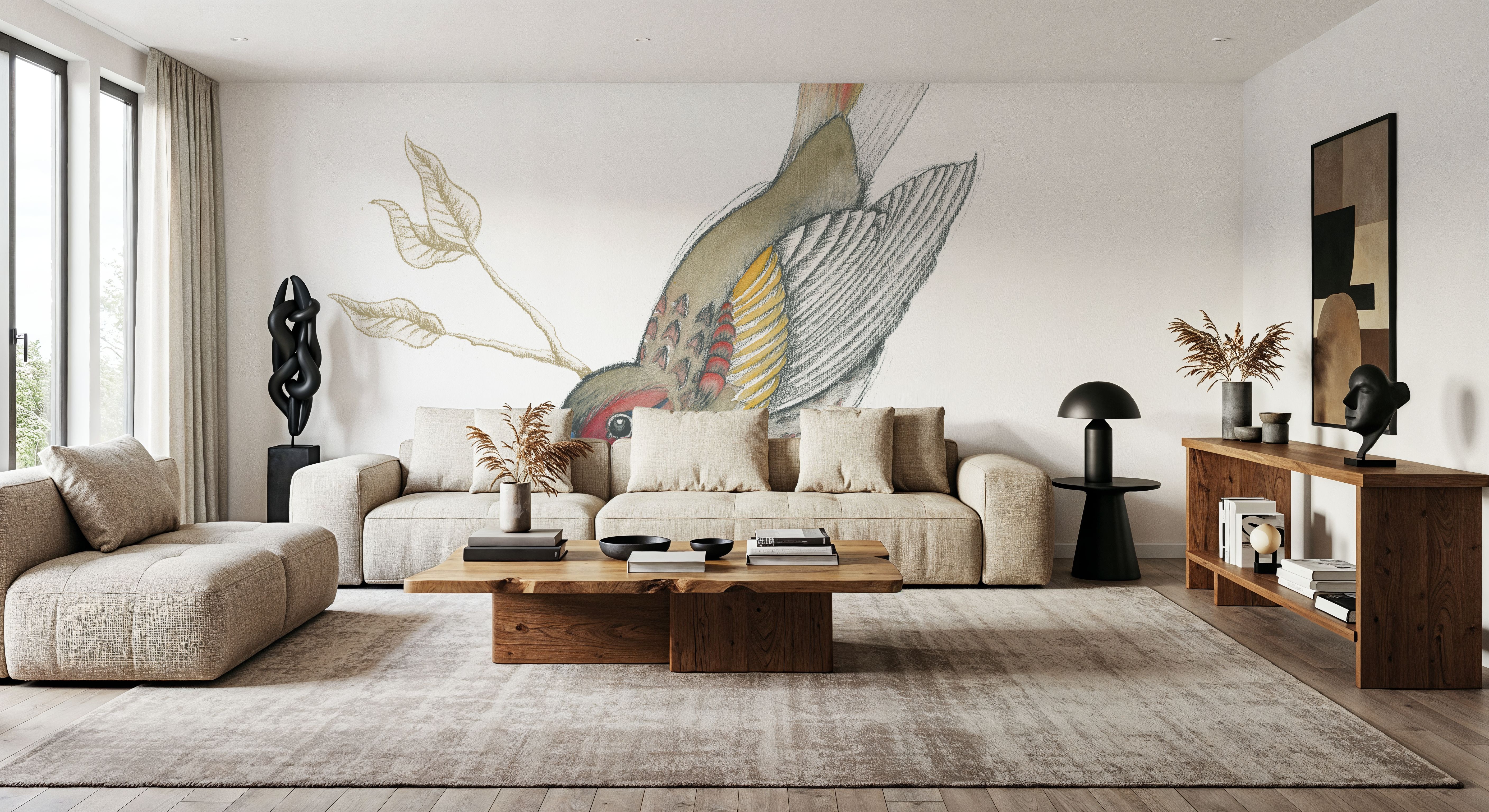 Arts and Crafts Birds II on White, Wallpaper