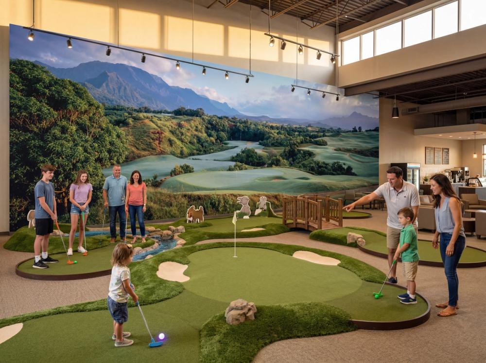 an interior photo of an indoor family center with a mini golf course