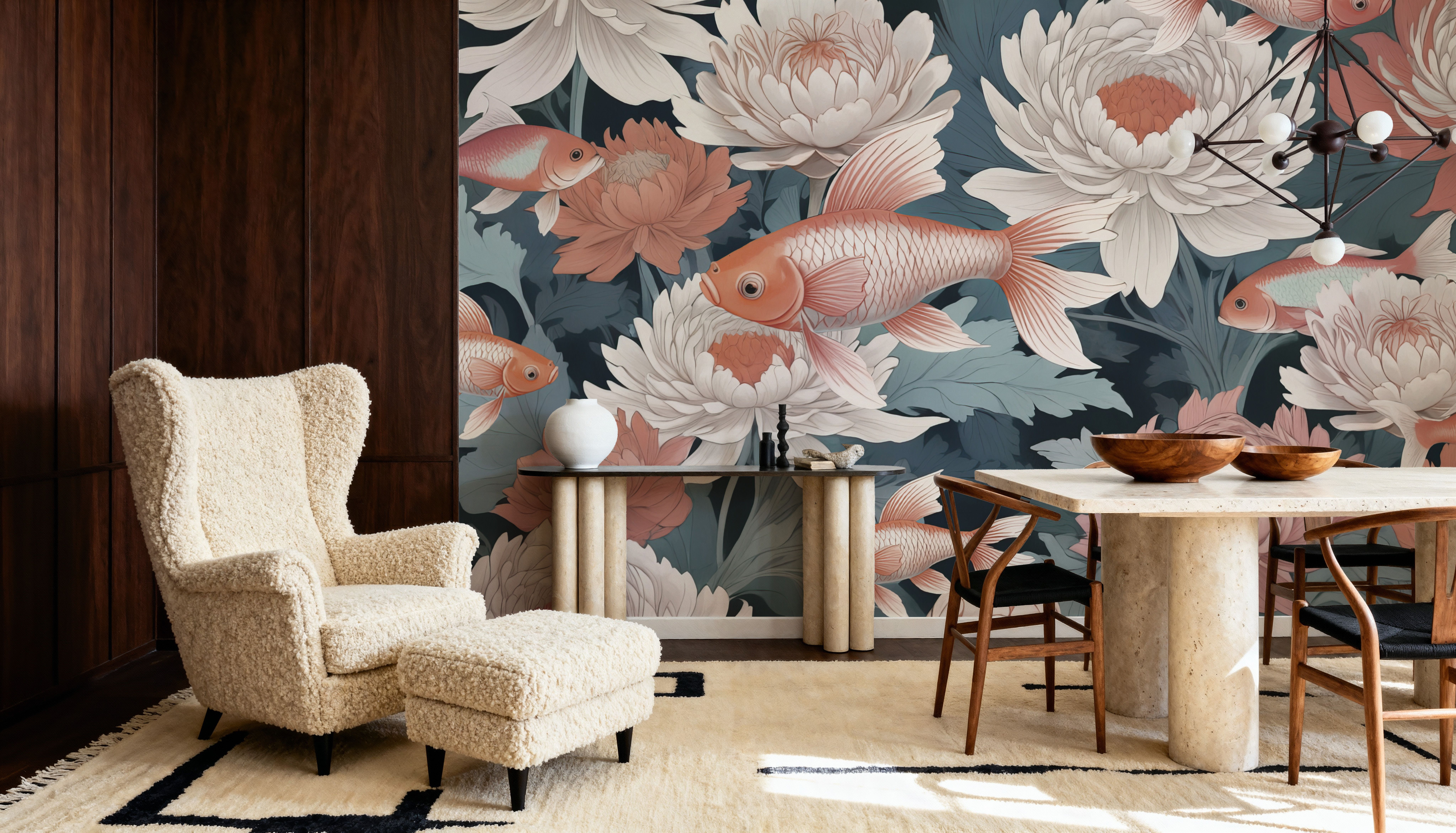 Dancing Fish, Peach on Teal