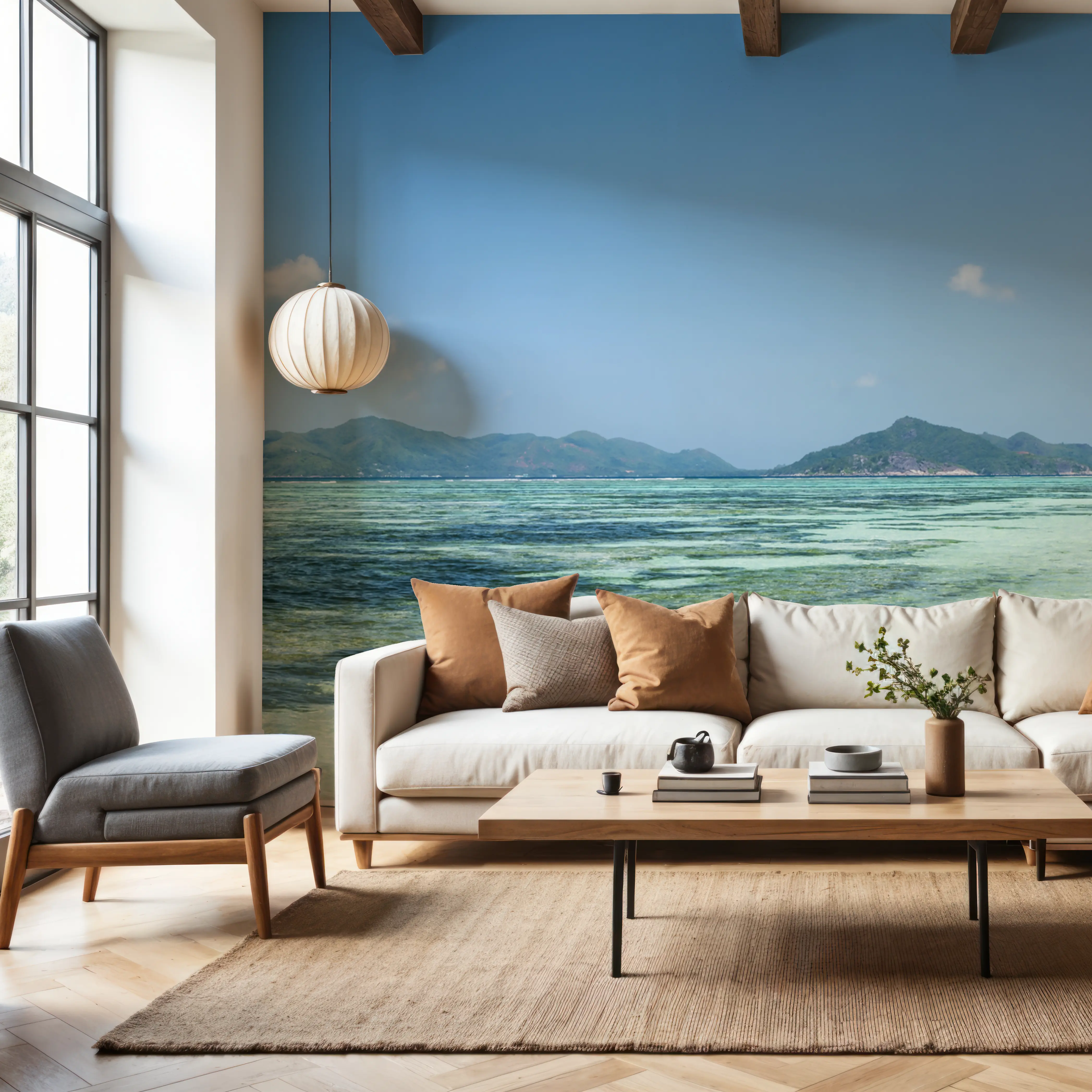 Papier Peint Panoramique - La Digue Reefs - Plage Paysages - Bleu - Couloir et escaliers - Wallism Belgique - Encollage au mur ou Autocollant