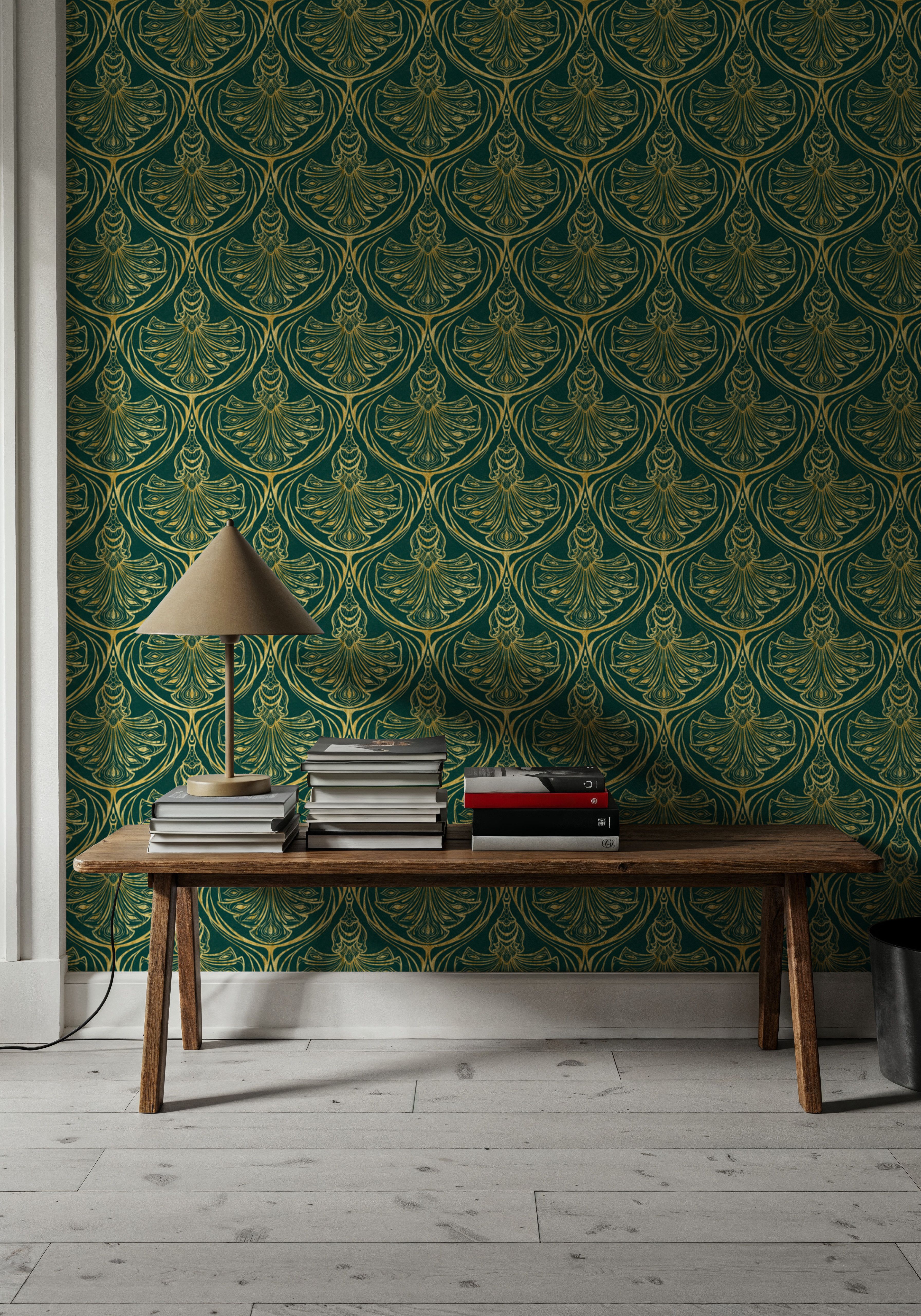 Art Deco Peacock Scallops, Emerald, Papel de parede