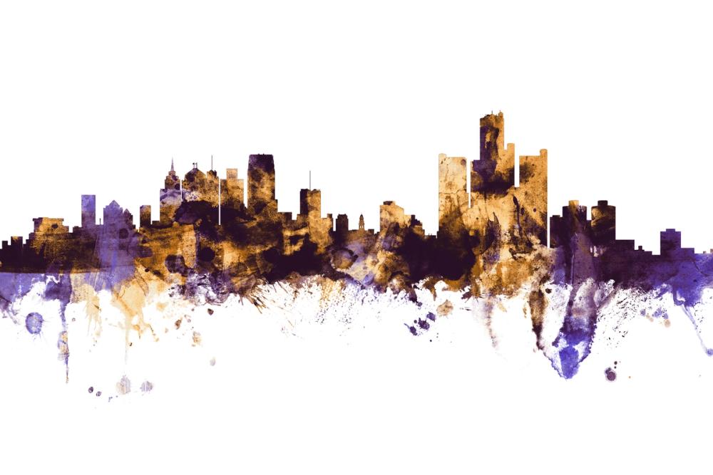 Detroit Michigan Skyline Purple & Gold