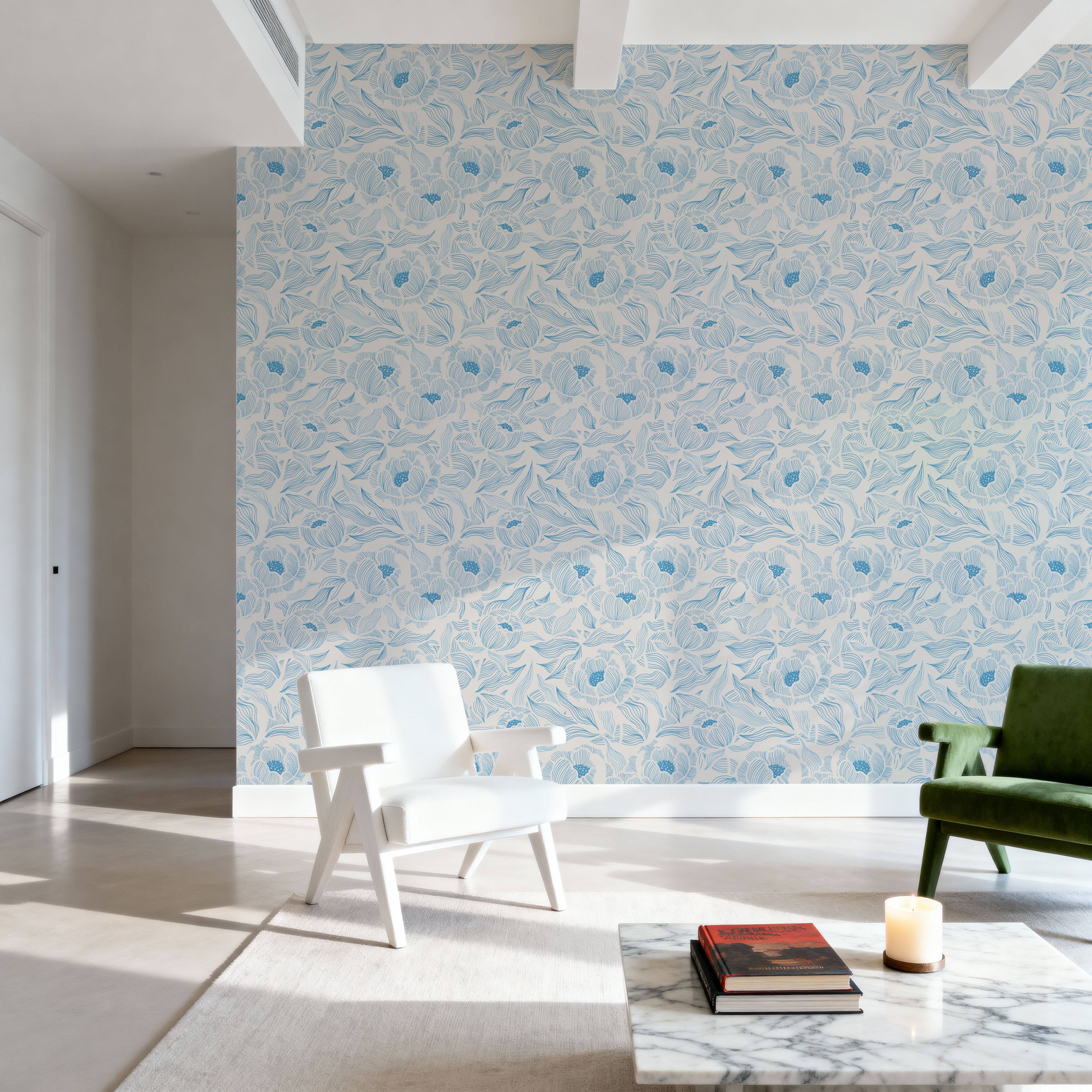 Hidden Peonies, Blue on Beige