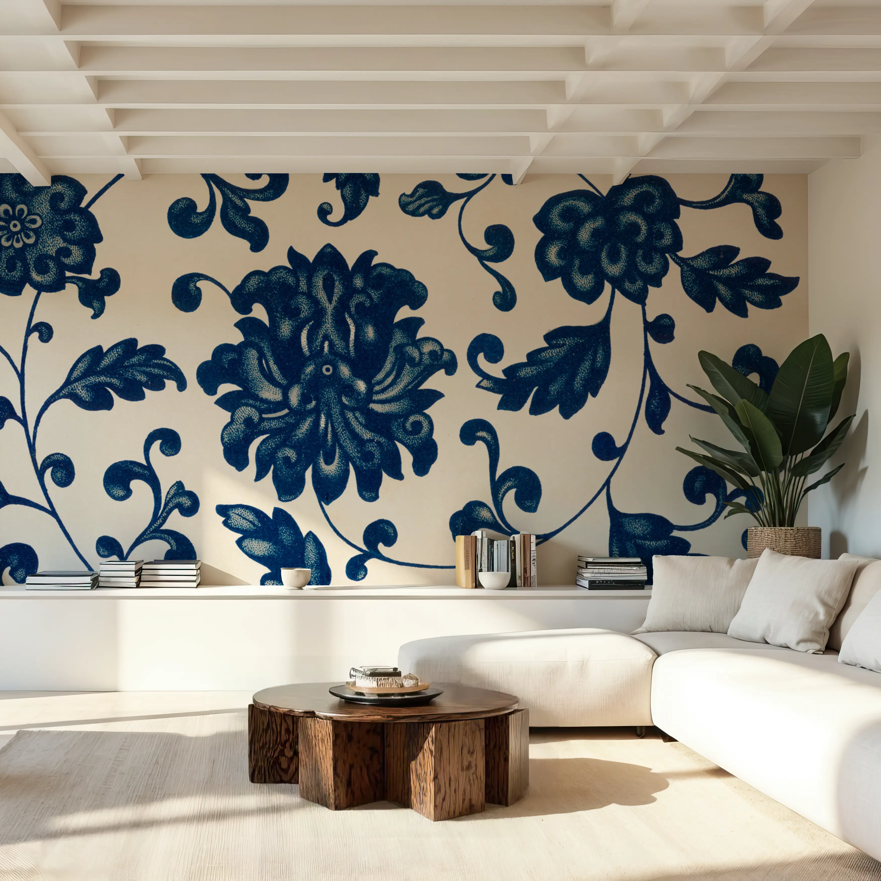 Papier Peint Panoramique - Chinese Ornament, Blue Flowers - Chintz Toile de Jouy - Bleu - Bureaux - Wallism Belgique - Encollage au mur ou Autocollant