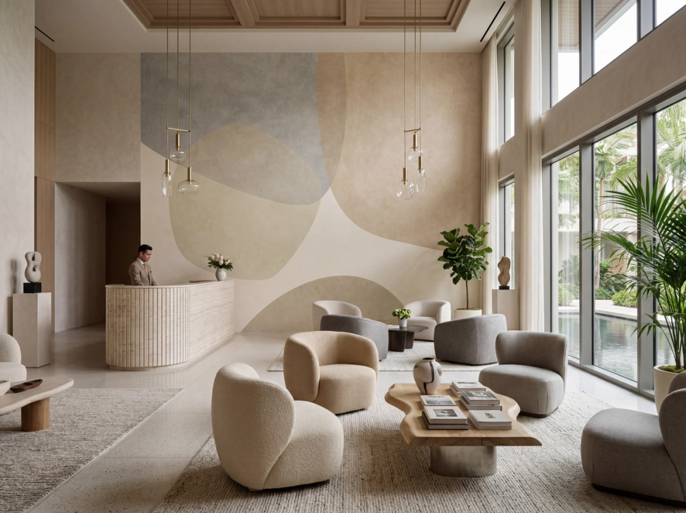 An interior photo of a spacious hotel lobby with abstract wallpaper mural in beige