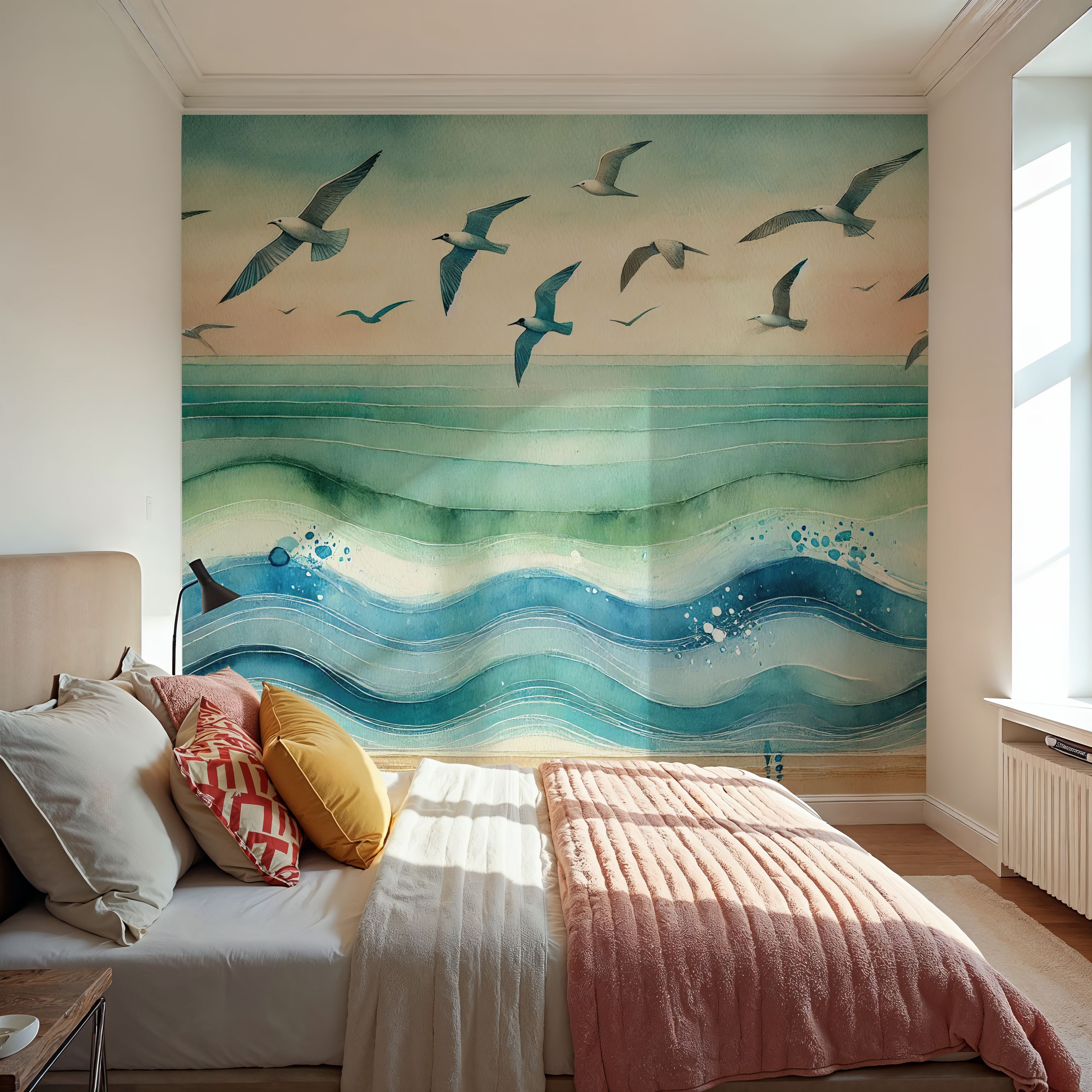 Seagulls Soar Above Waves in Art Deco