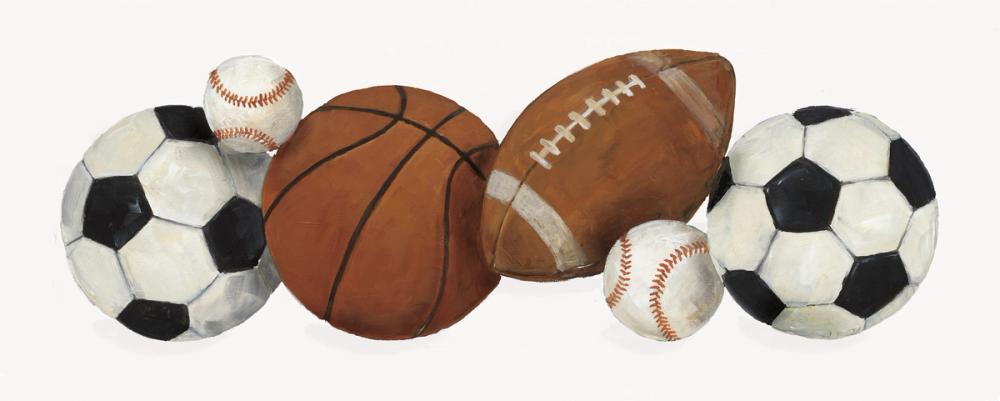 illustration of an American football, tennis ball and basket ball