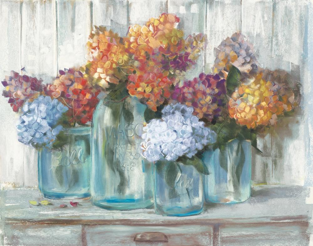 Hydrangeas in Glass Jars Blue
