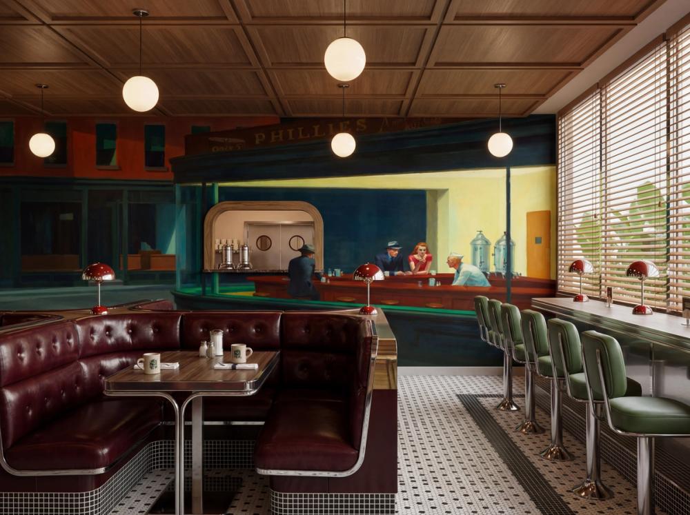 an interior photo of a us classic diner with Hopper Nighthawks as wallpaper mural on one wall