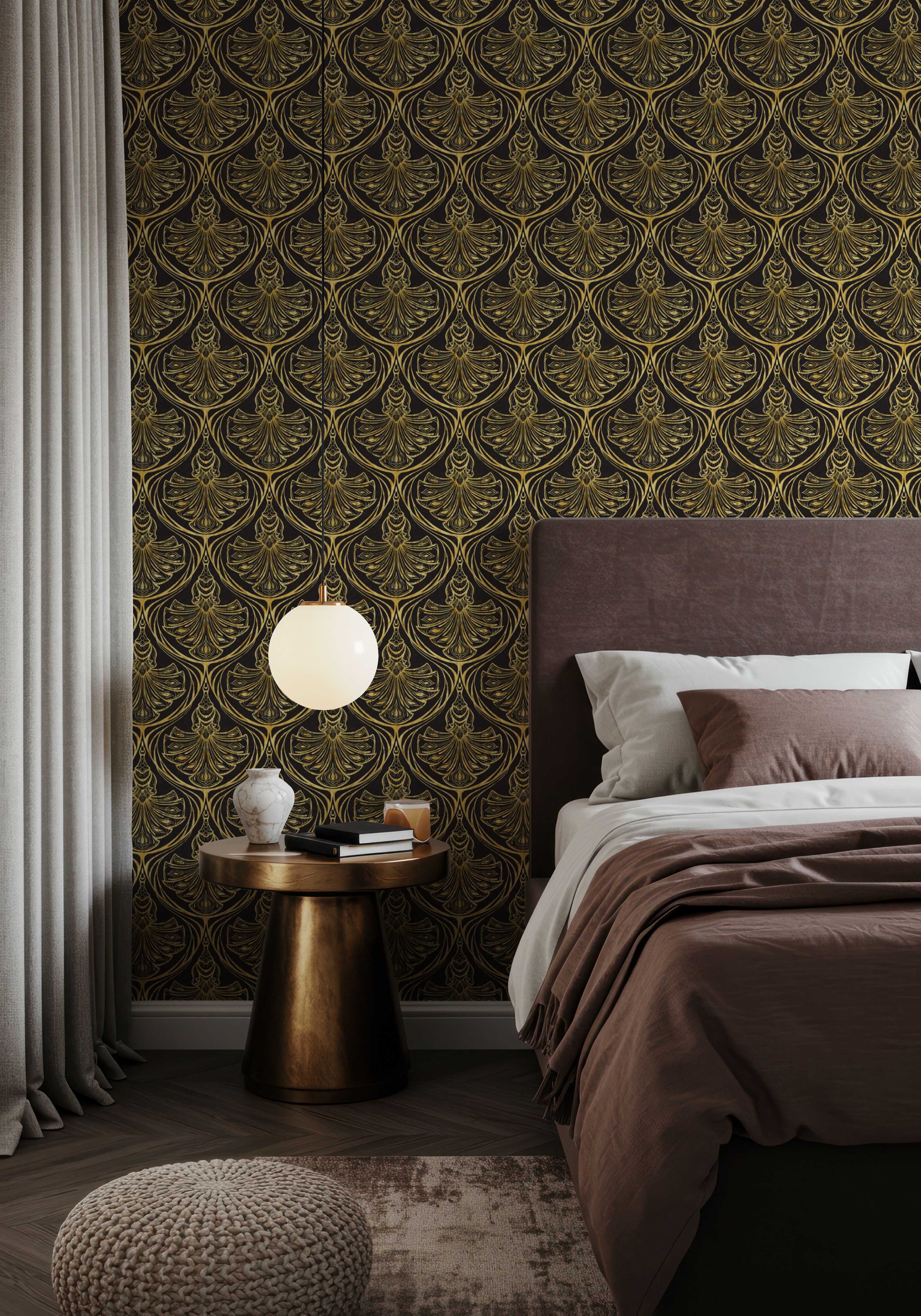Art Deco Peacock Scallops, Night, Papel de parede