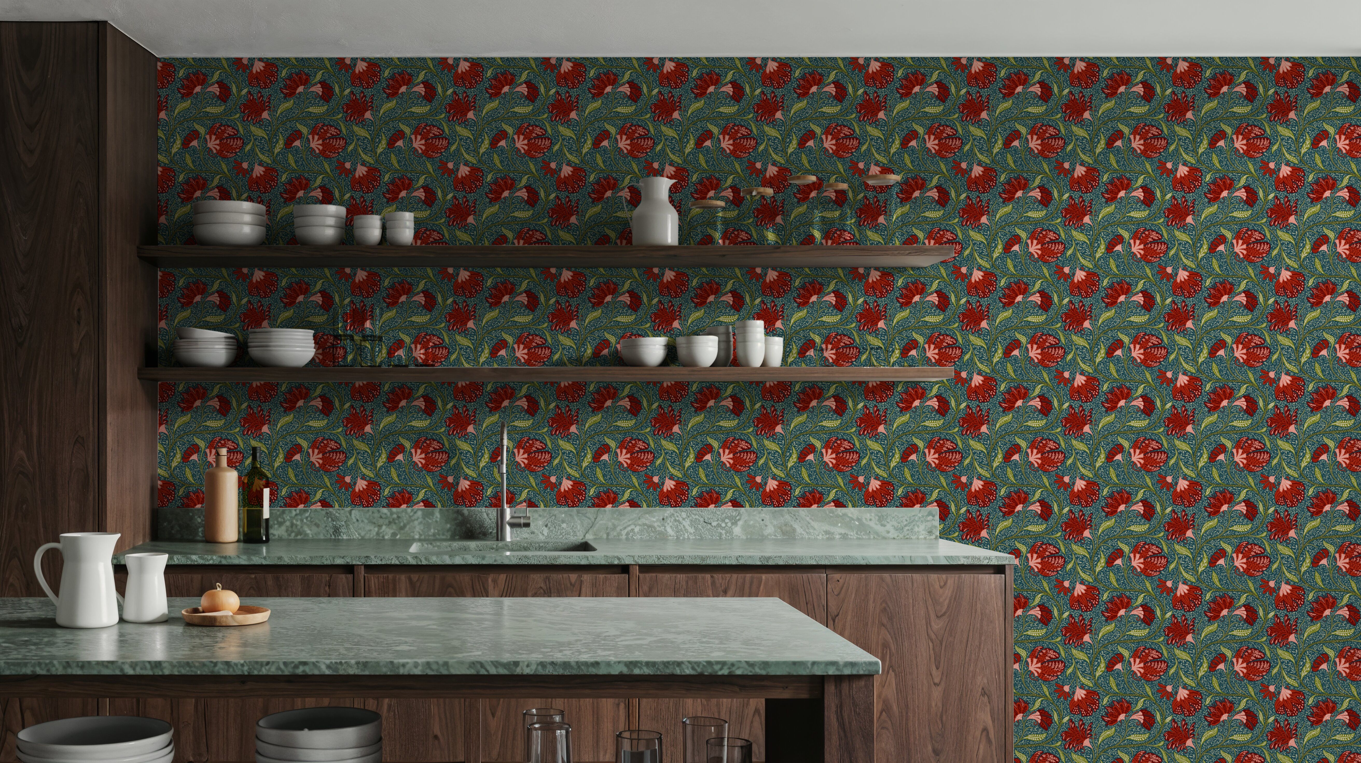 Indial Floral, Vermilion on Teal