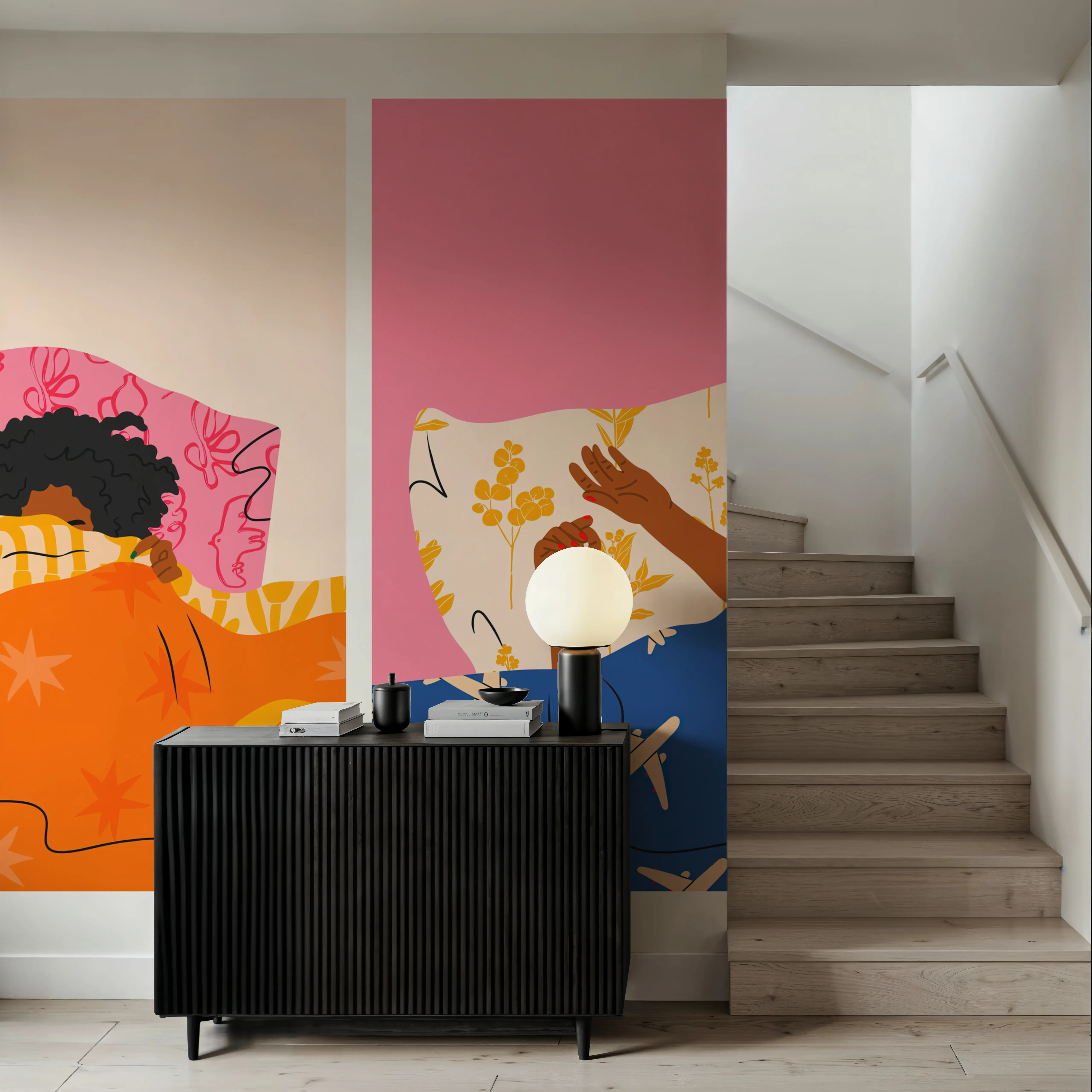 Fotobehang - Bedtime Stories - Grafische Kunst Mural - Oranje - Eetkamer - Wallism Nederland - Zelfklevend of Vliesbehang