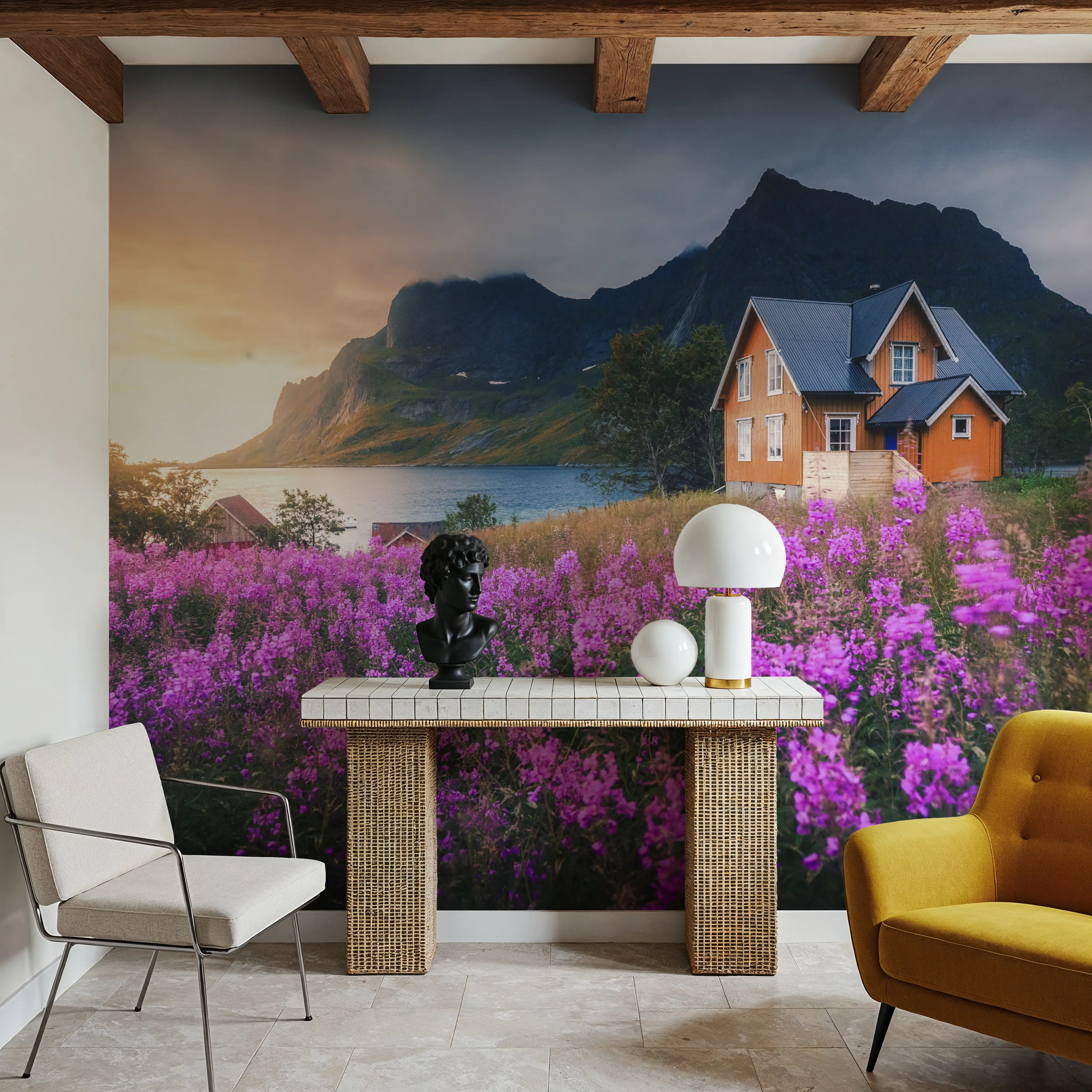 Fotobehang - Norwegian Summer - Bloemen Landschappen Mural - Paars - Woonkamer - Wallism België - Zelfklevend of Vliesbehang