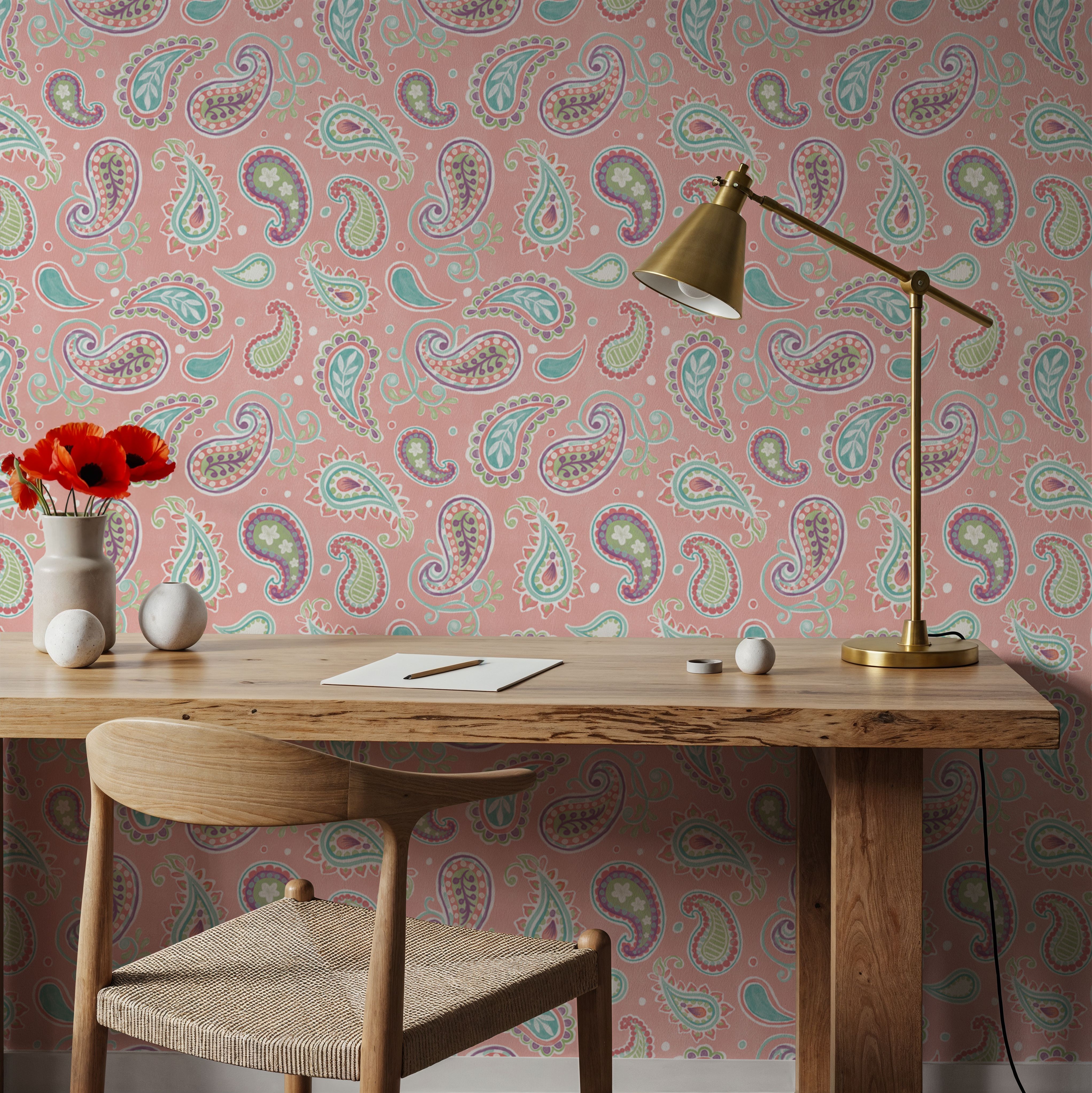 Cacti Paisley Coral, Wallpaper