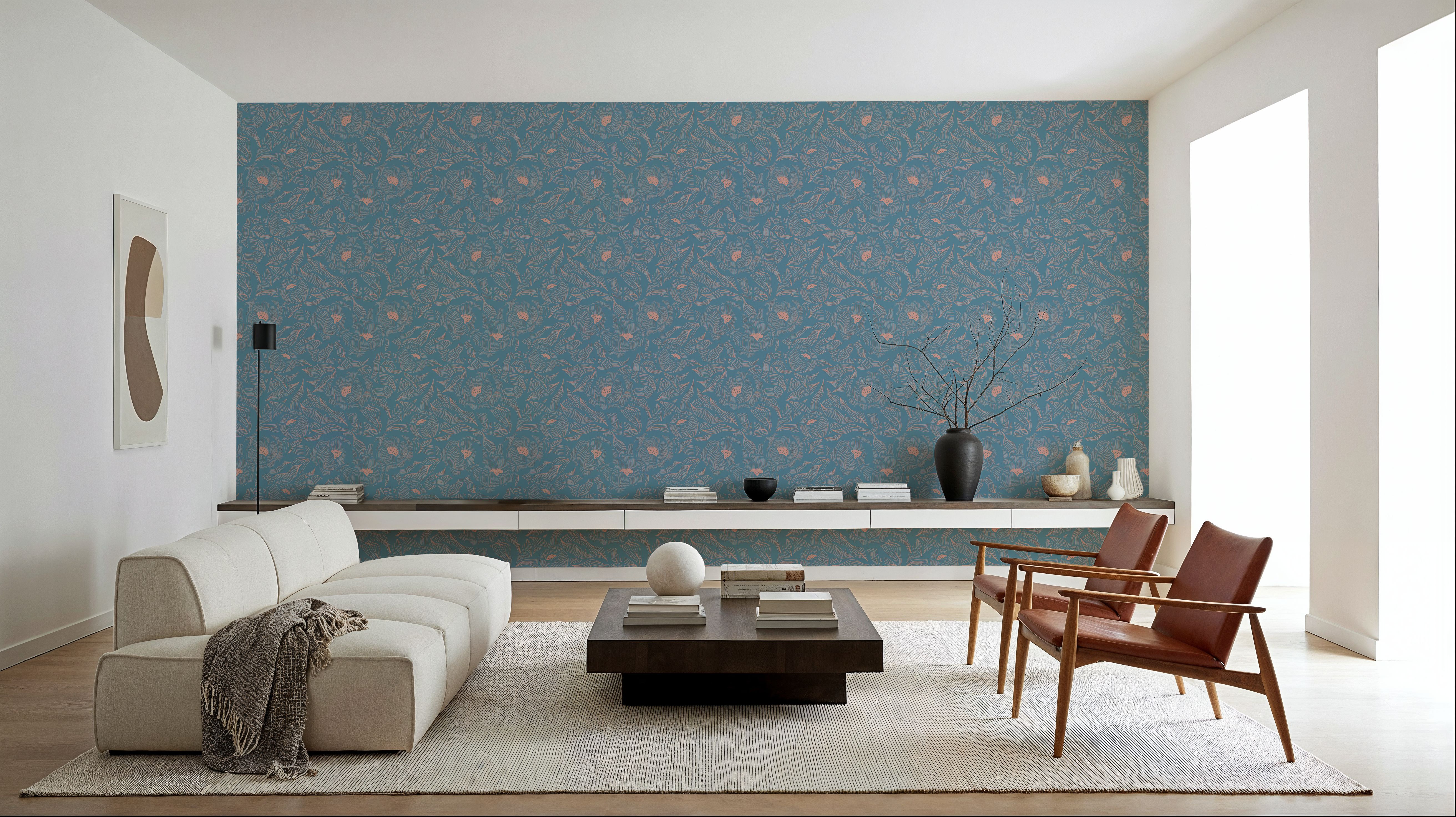 Hidden Peonies, Dusty Peach on Teal