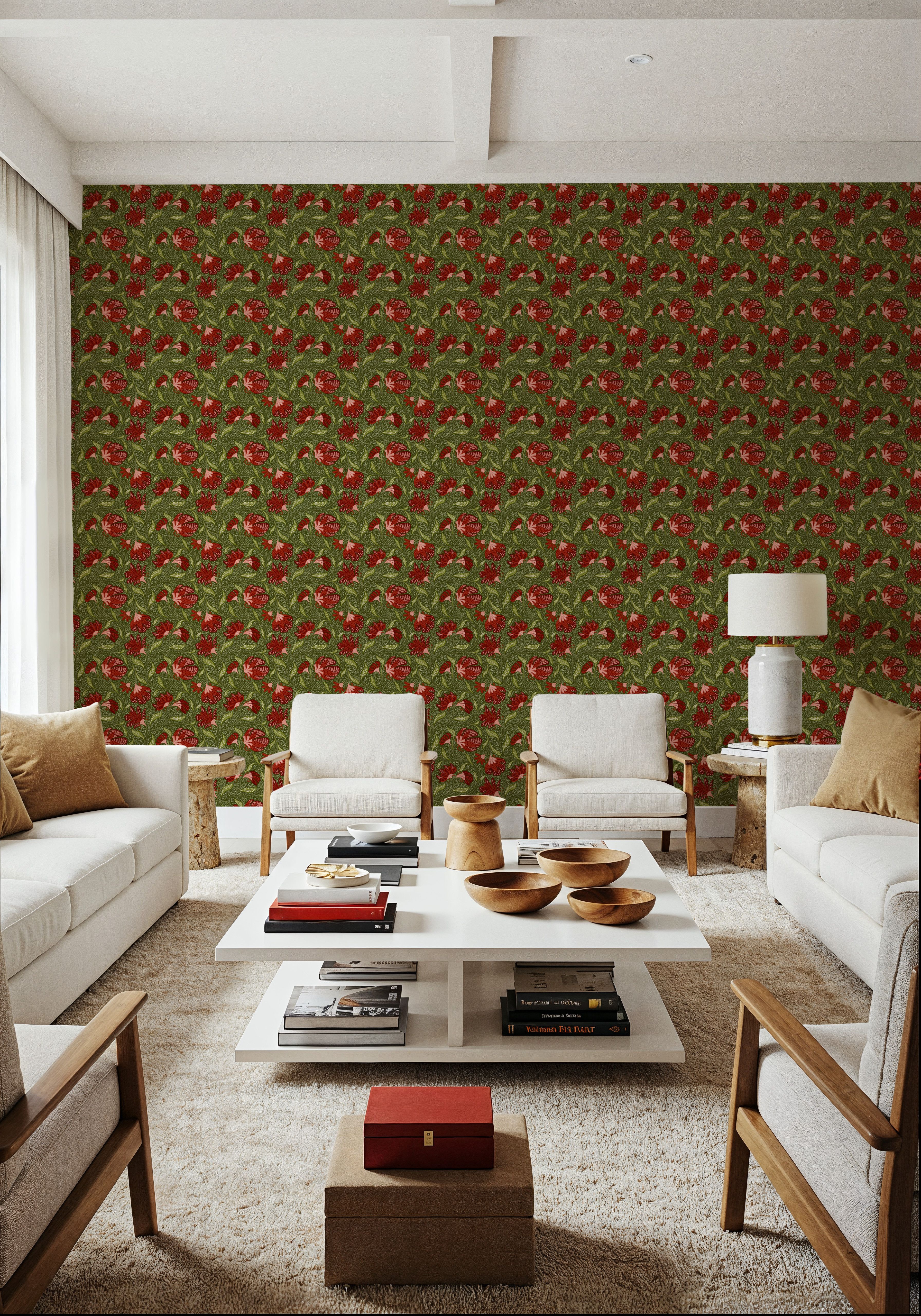 Indial Floral, Vermilion on Olive