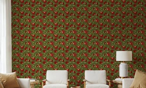 Indial Floral, Vermilion on Olive