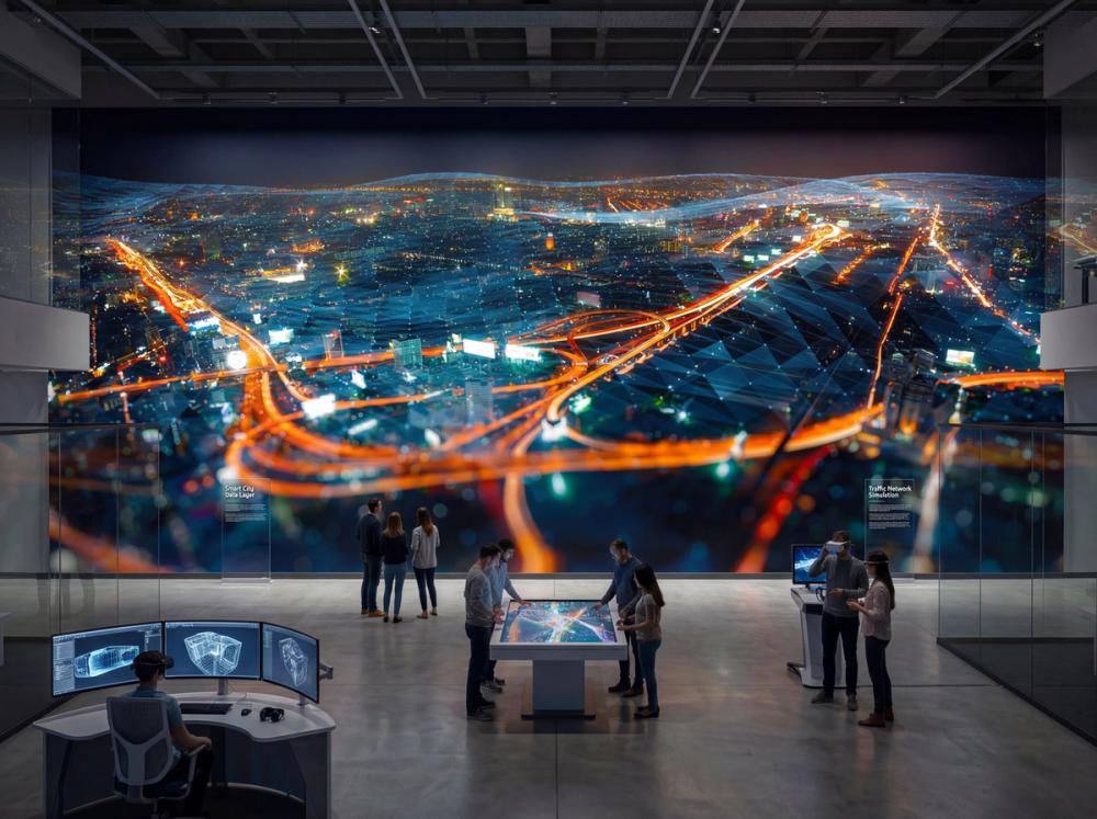an interior photo of a 3d experience center with a city lights wallpaper mural on the prominent wall