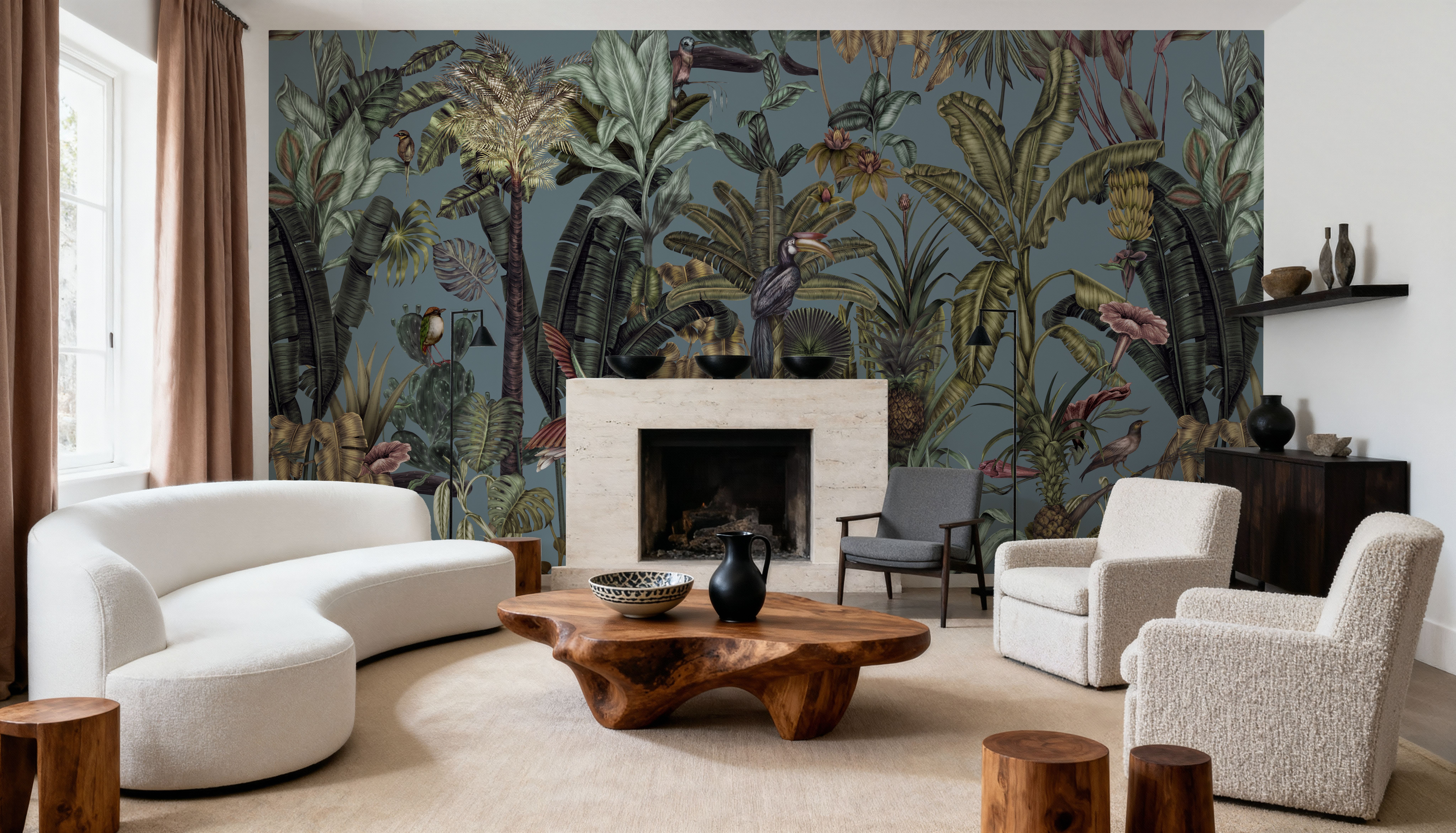 Wallpaper - Tropical Wonderland, French Blue - Birds Animals - Blue - Bedroom - Wallism US - Premium, Textured or Peel & Stick