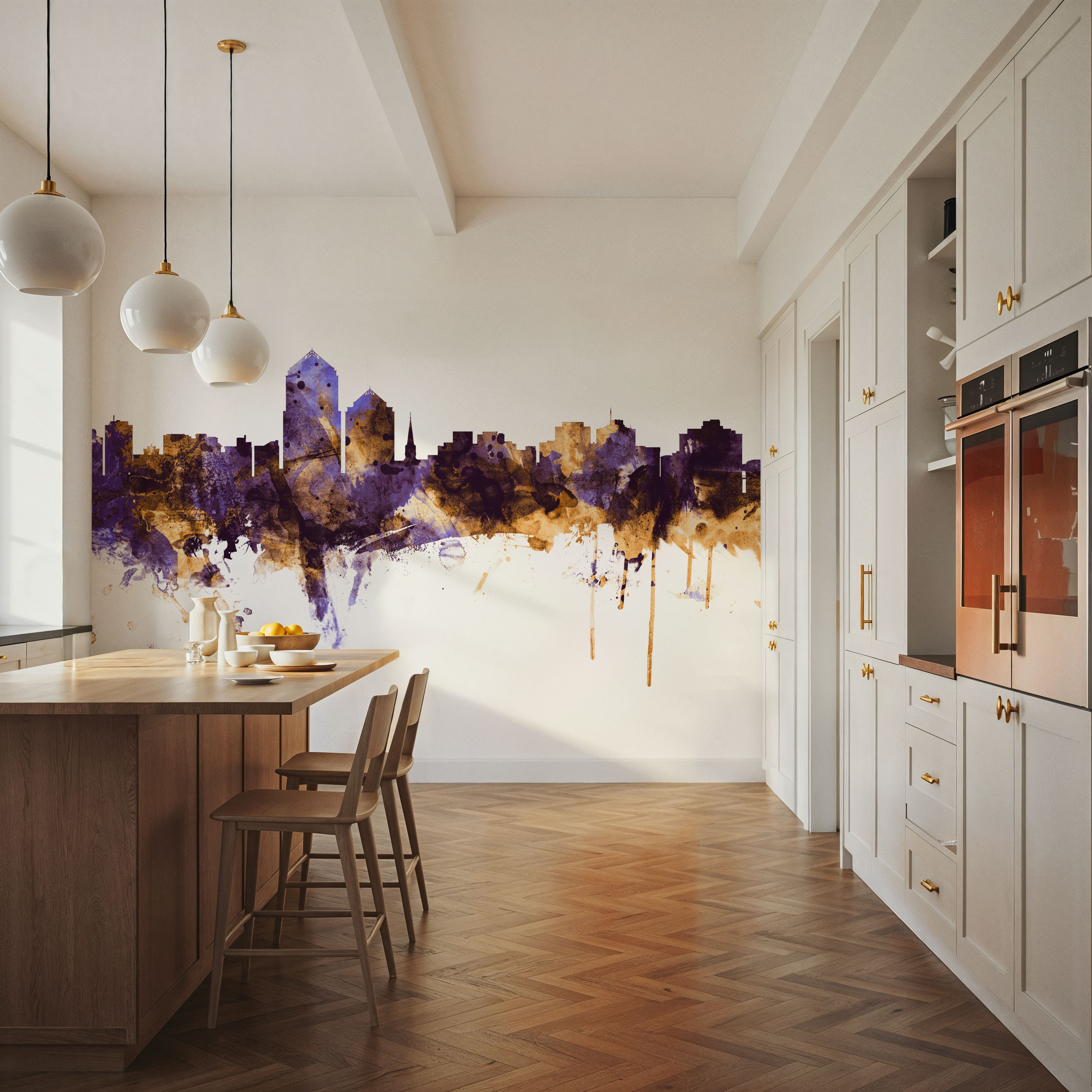 Wall Mural - Albuquerque New Mexico Skyline Purple & Gold - Abstract mural wallpaper - Living room - Wallism US - Premium, Textured or Peel & Stick