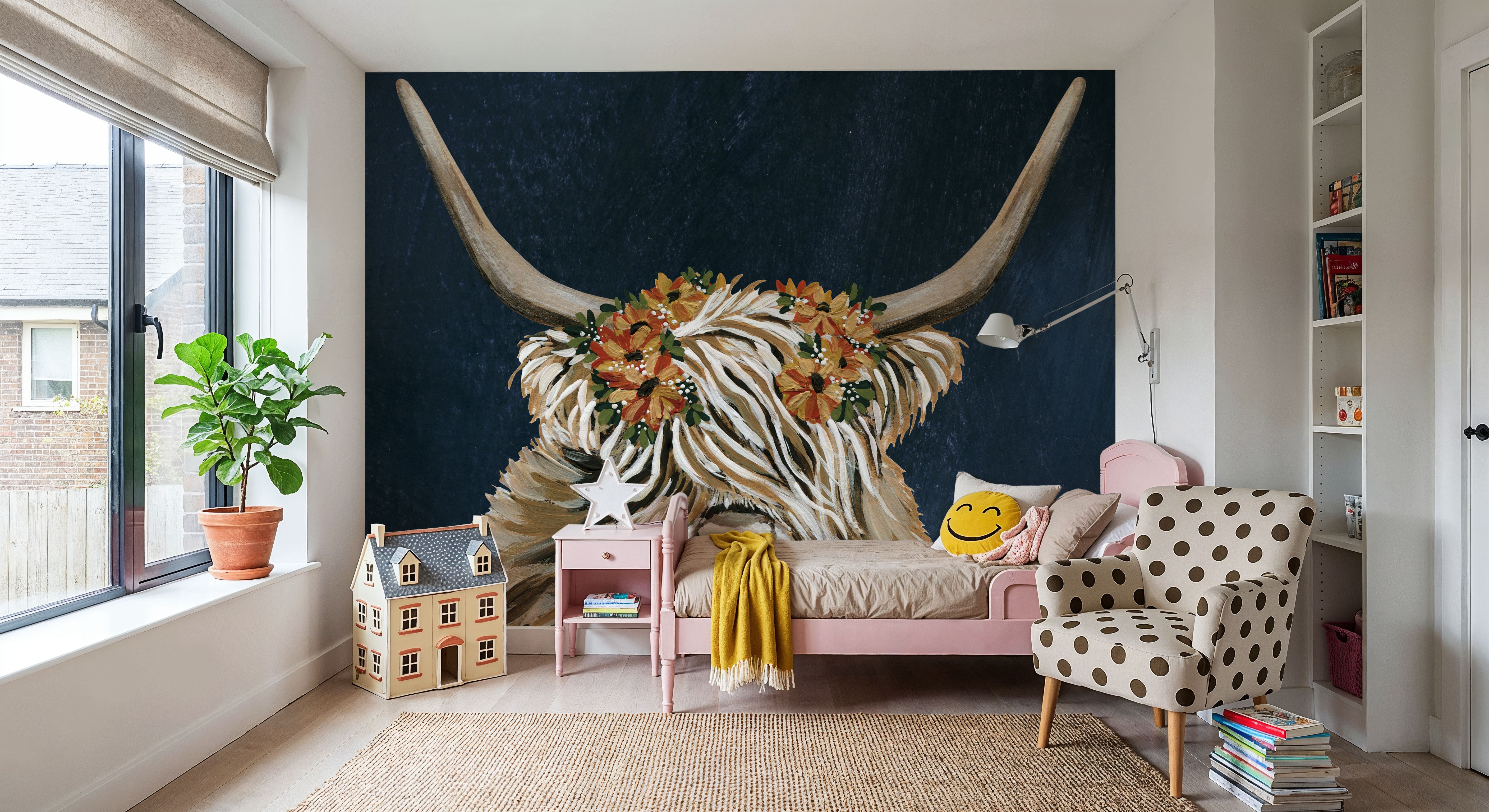 Harvest Cow Floral Texture Dark, Carte da parati