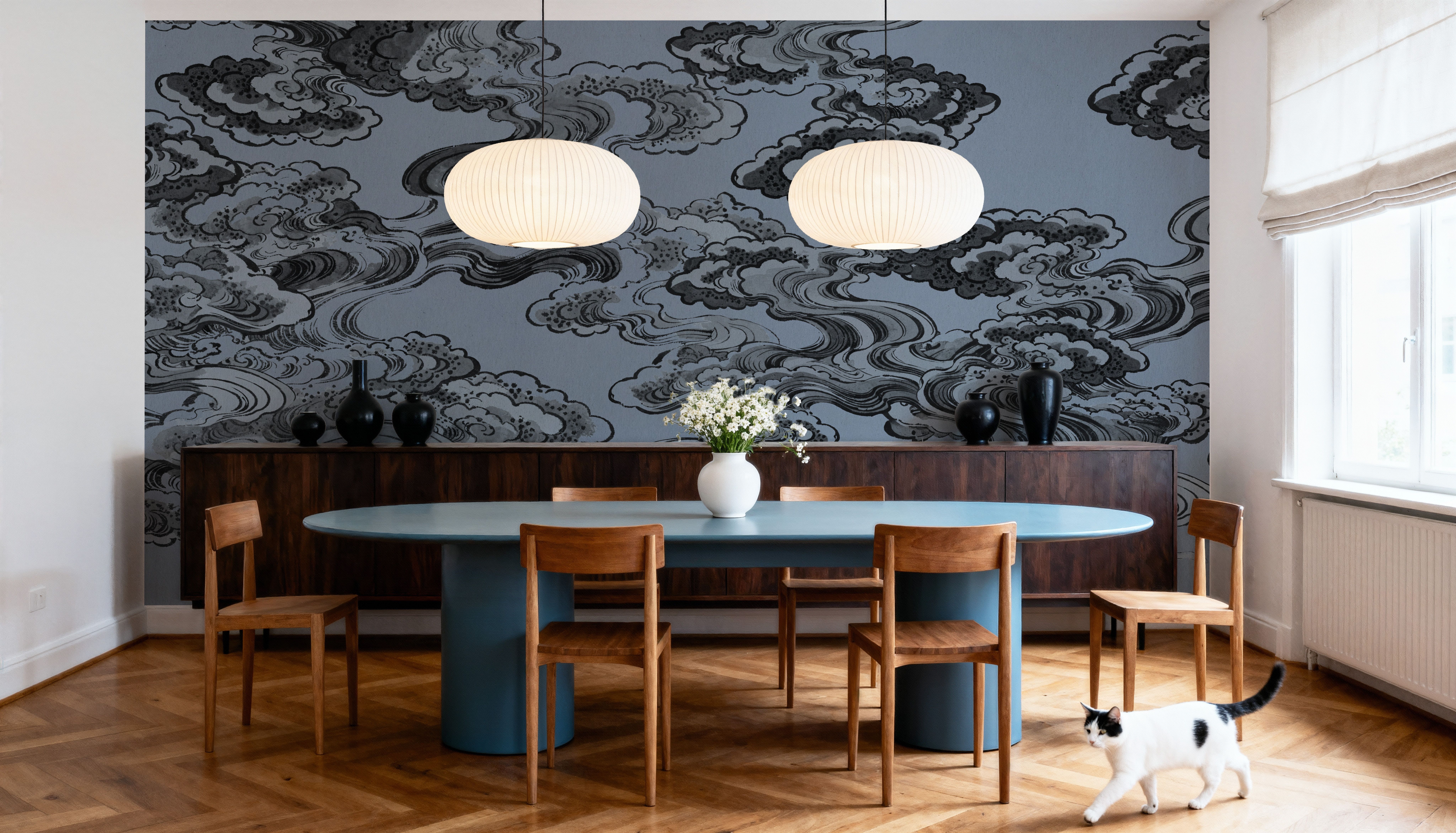 Ukiyo-e Clouds, Denim Blue, Wallpaper