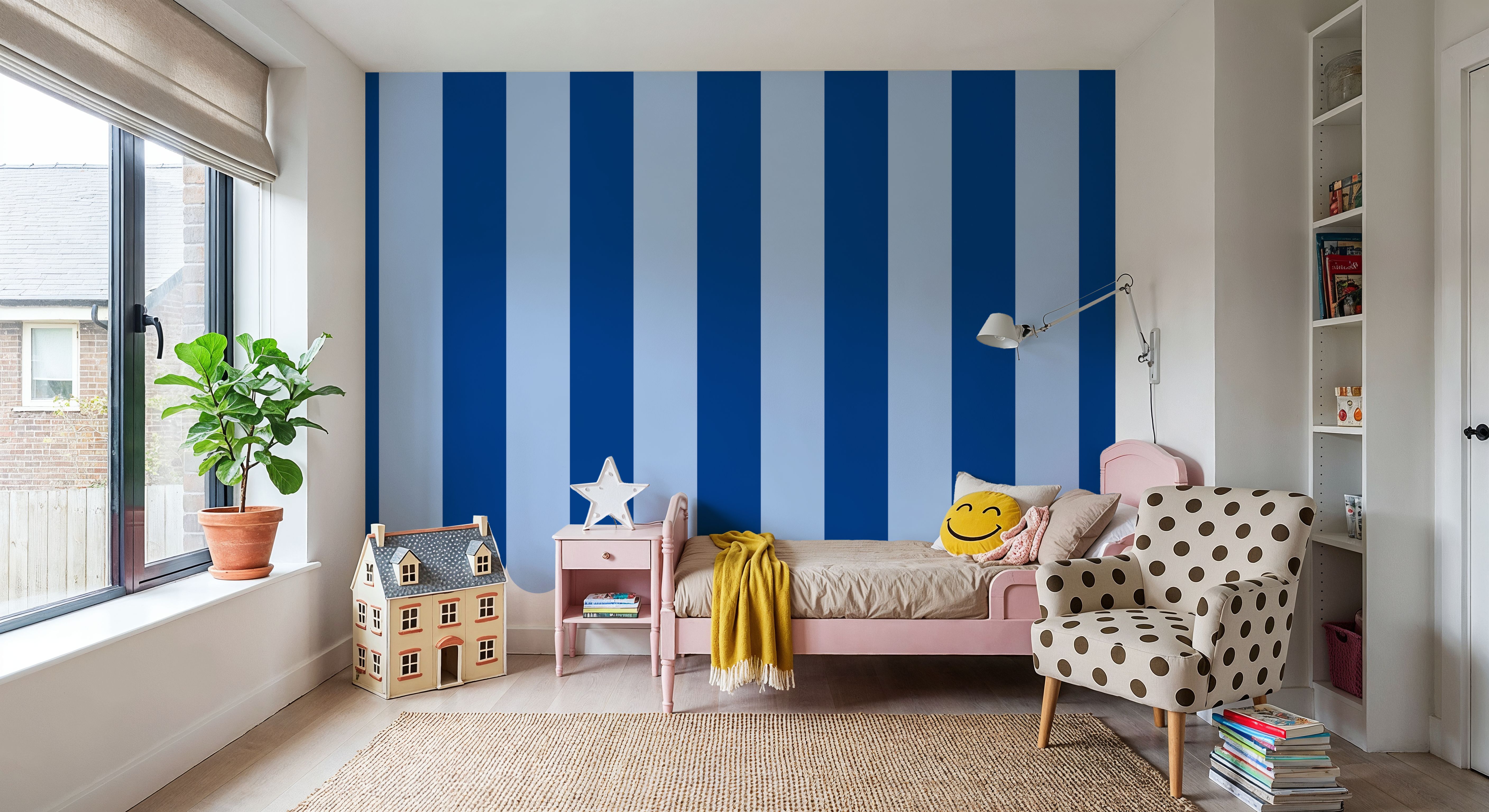 Scalloped Circus Stripes, Blue on Blue, Wallpaper