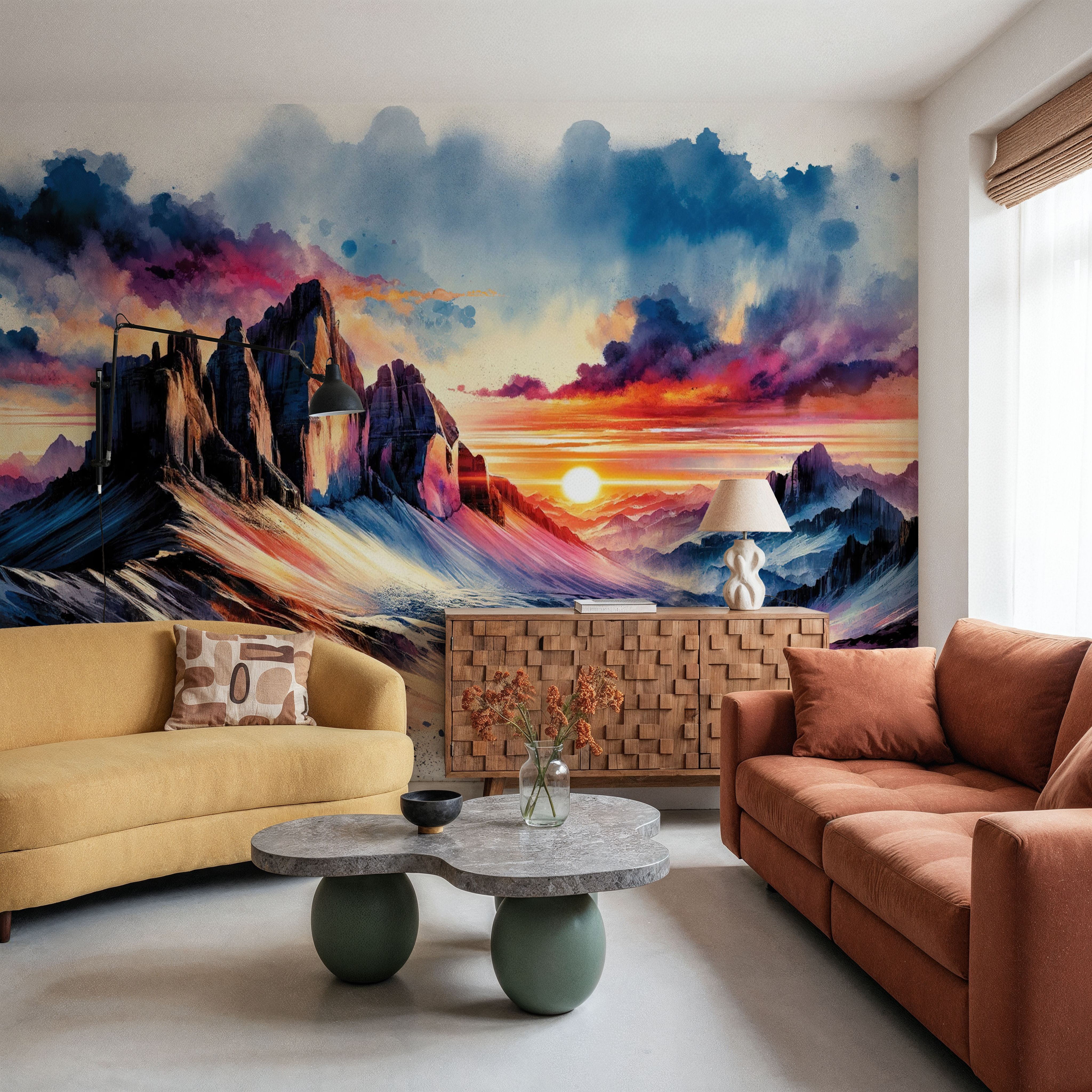 Watercolor Mountains Landscape At Sunset