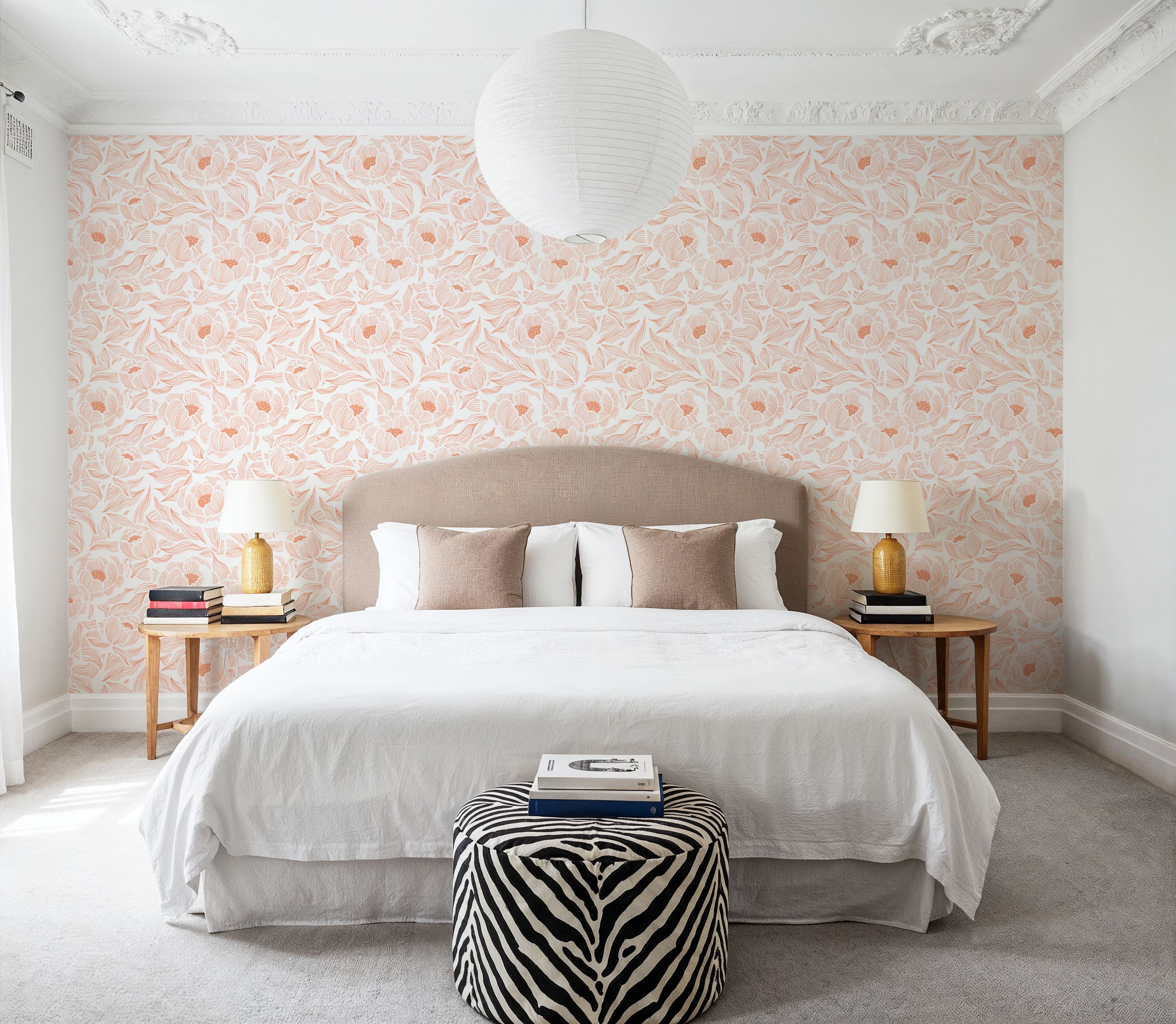 Hidden Peonies, Orange on White