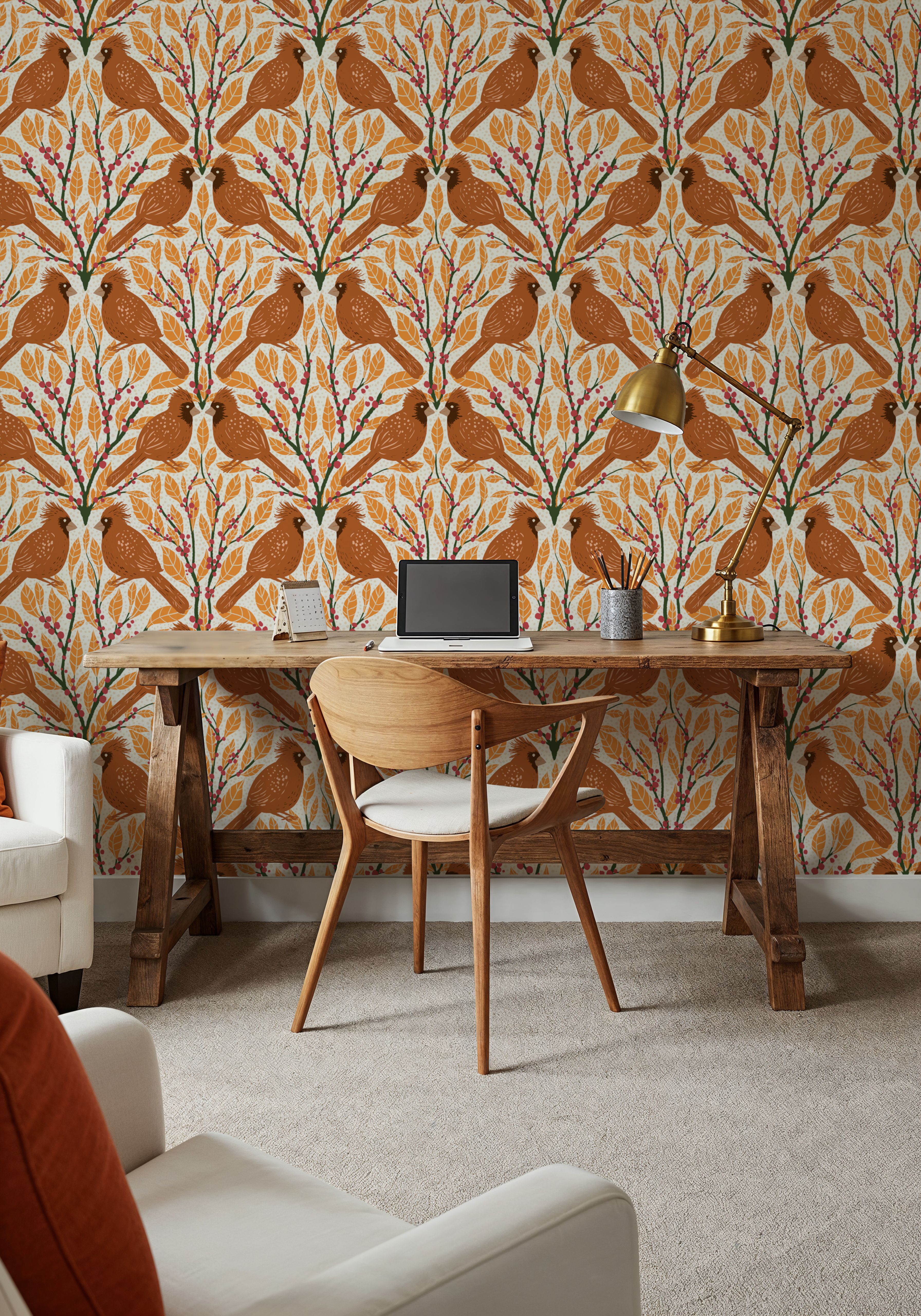 Cardinals & Winterberries, Yellow