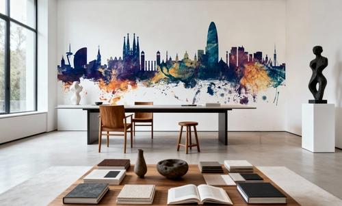 Barcelona Skyline Blue & Bronze
