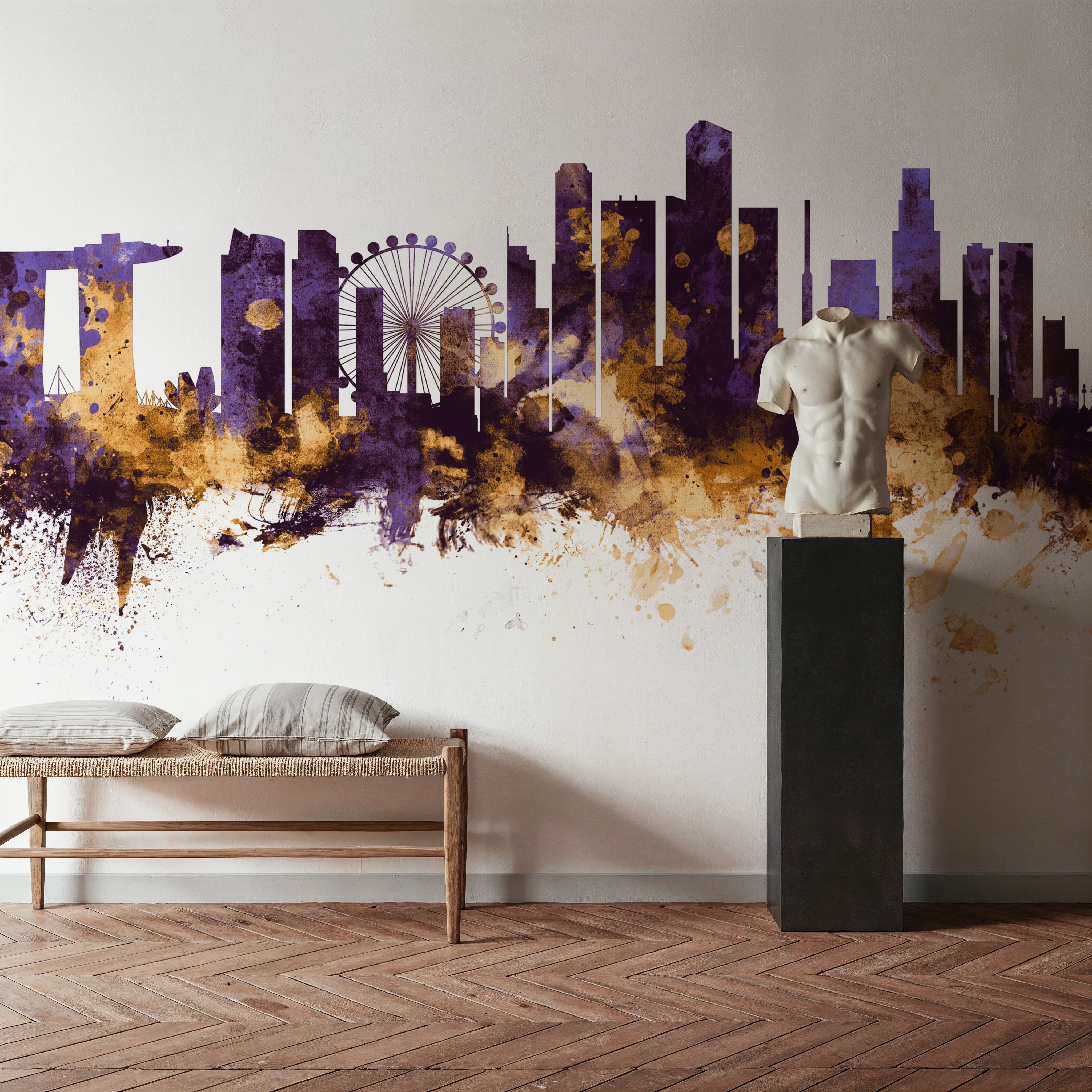 Wall Mural - Singapore Skyline Purple & Gold - Contemporary mural wallpaper - Dining Room - Wallism US - Premium, Textured or Peel & Stick