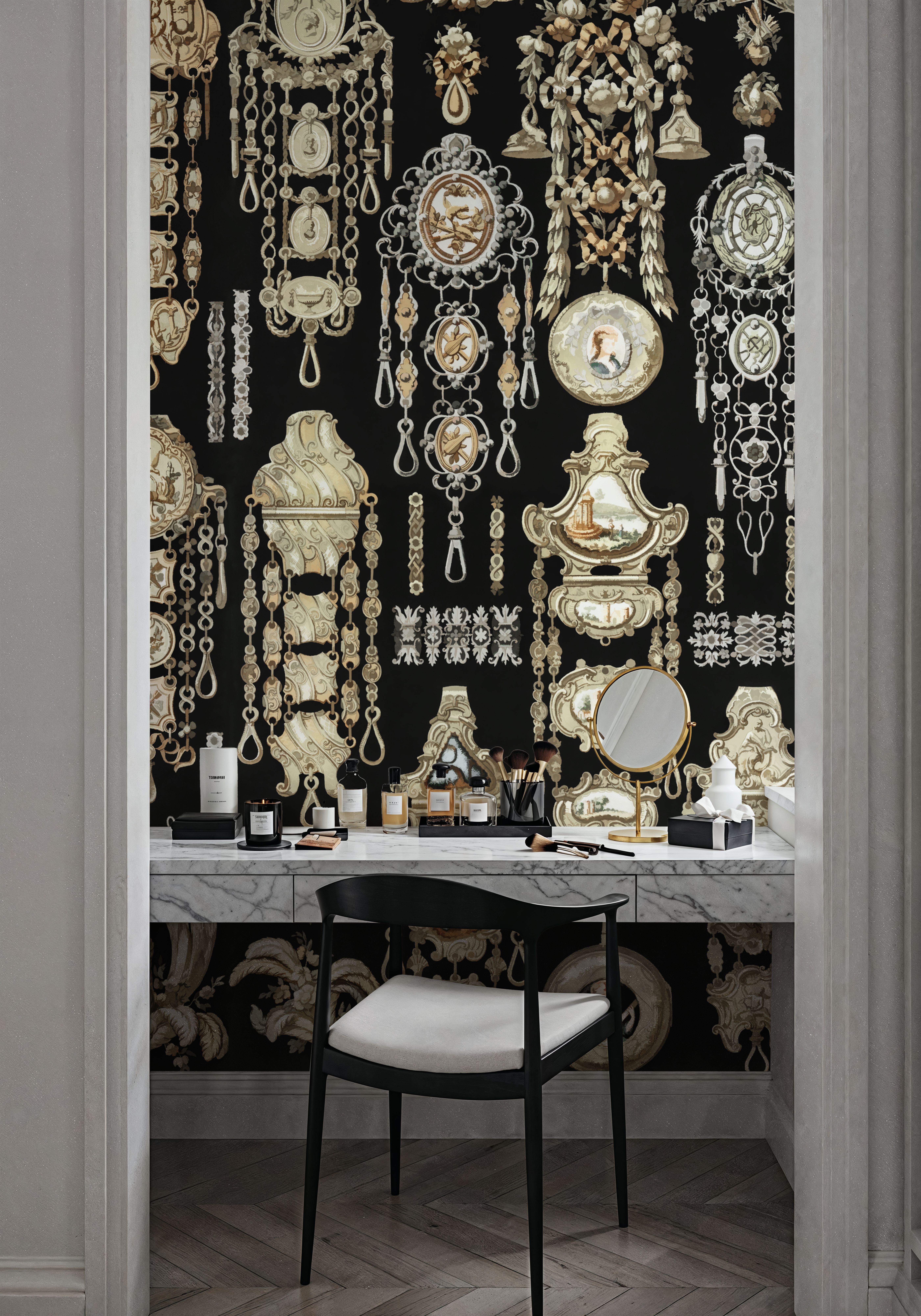 Wall Mural - Antique Jewelleries Black - Chintz Folk mural wallpaper - White - Living room - Wallism US - Premium, Textured or Peel & Stick