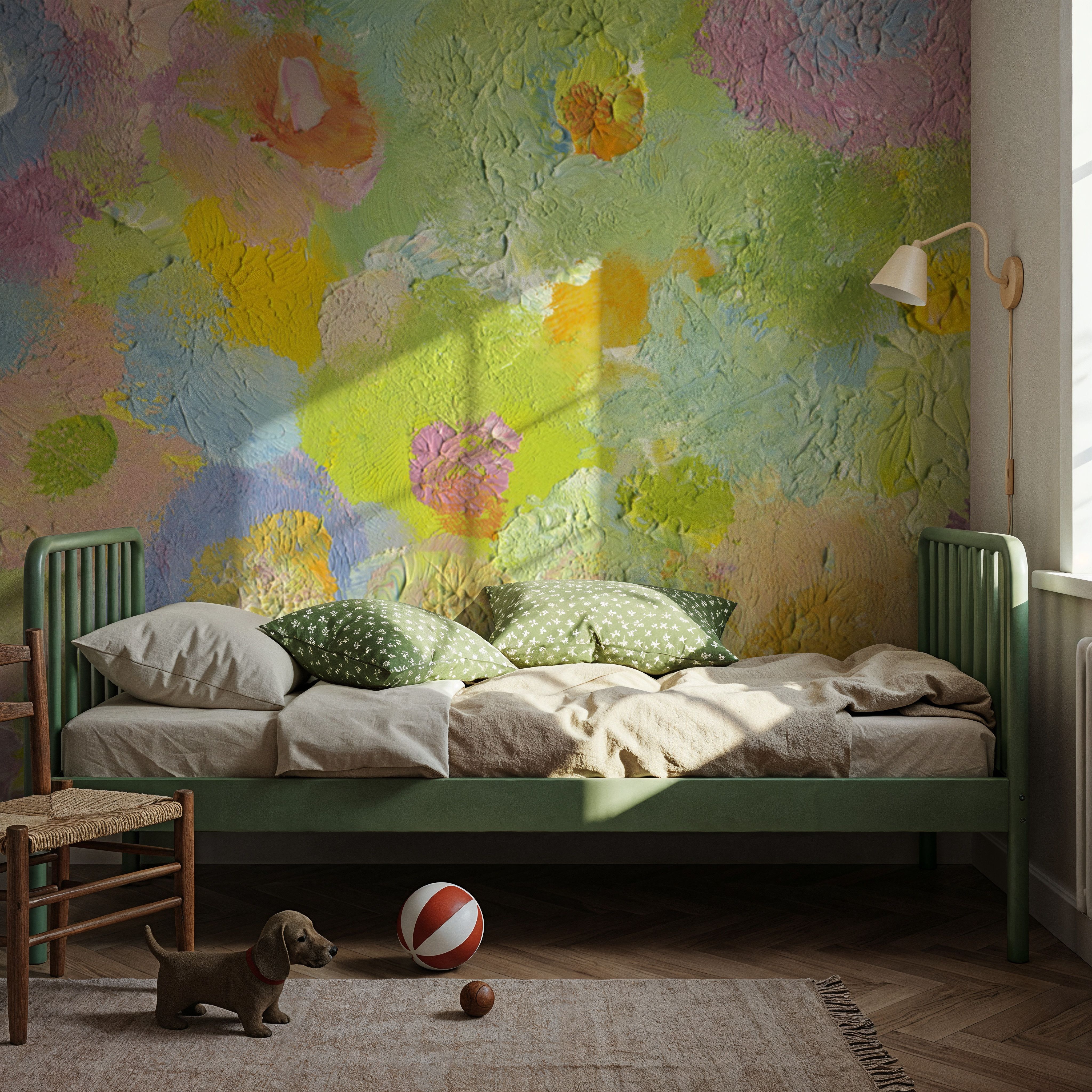 Happy Oil Painted Flowers, Green & Yellow