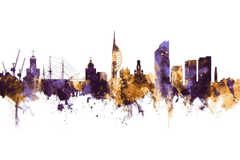 Portsmouth England Skyline Purple & Gold
