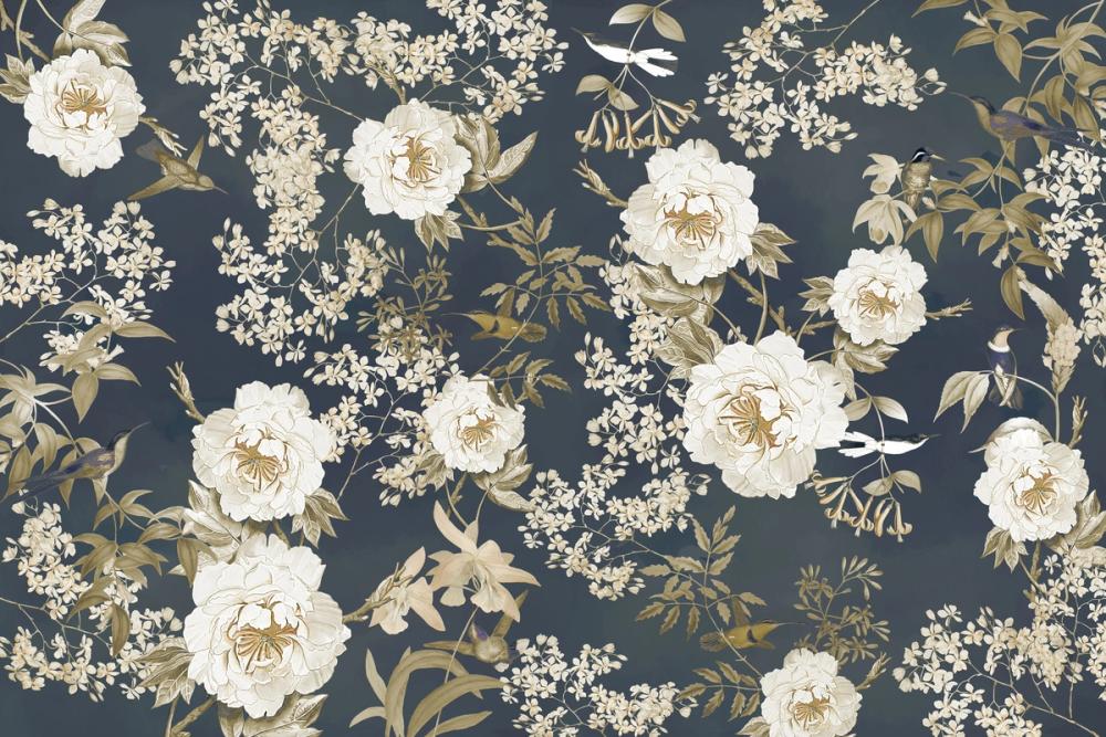 Illustrated iamge of peonies in white on black background