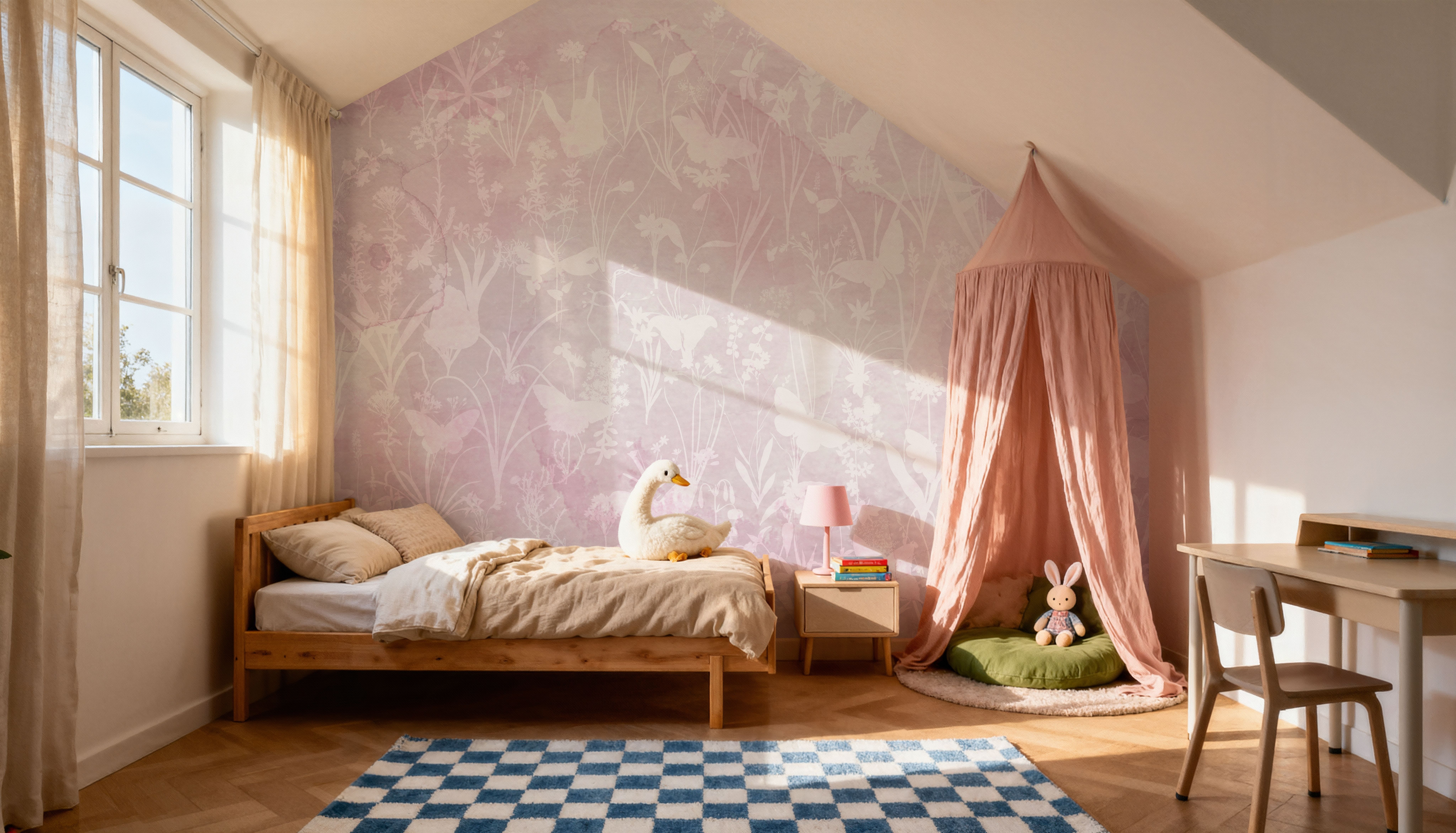 Herbals and Butterflies Double Silhouette Pink, Wallpaper