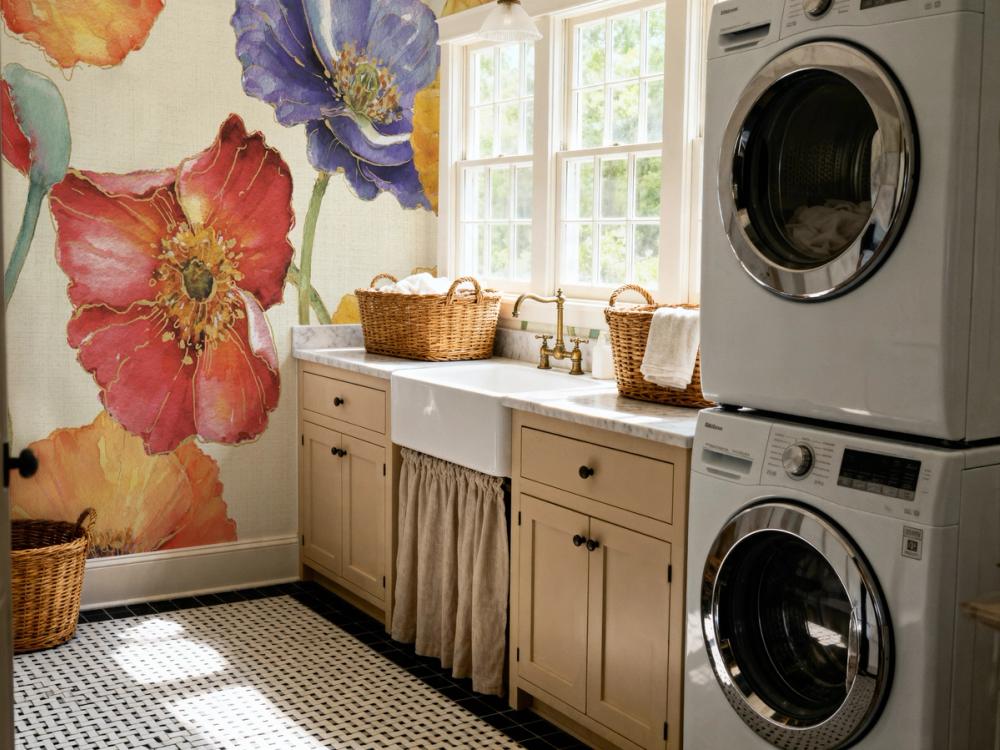 A photo of a laundry room with floral mural wallpaper on the wall